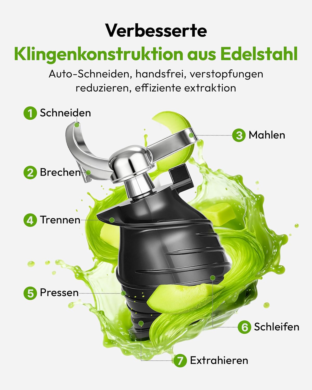 EUHOMY Entsafter, Slow Juicer, Entsafter Gemüse und Obst, Testsieger mit 135 mm Einfüllöffnung, 1,8 l Fassungsvermögen, 2 Tassen, elektrischer Entsafter, Schwarz Silber – Bild 5