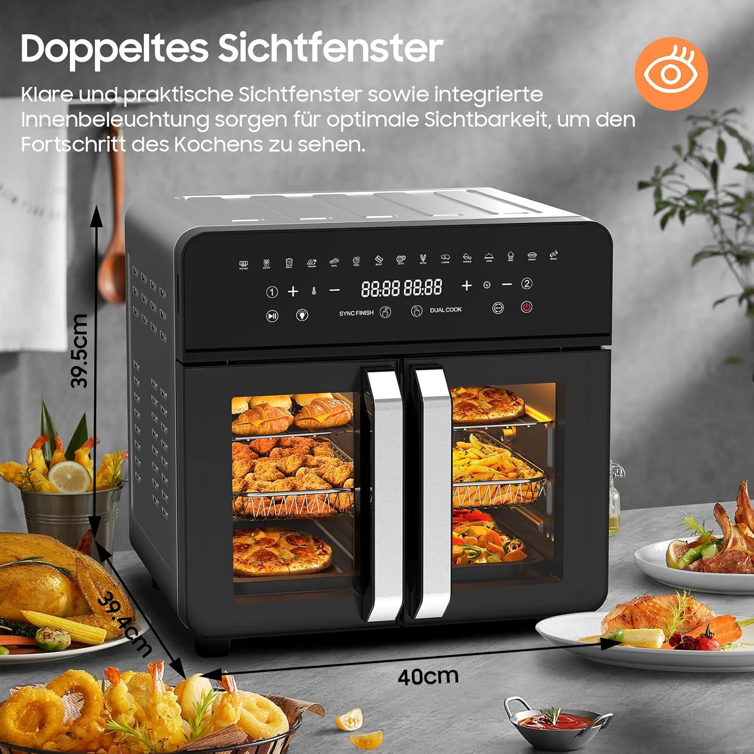 Heißluftfritteuse 23L Dual Zone – XXL Airfryer mit französischer Tür, Heißluftfritteuse mit Doppelkammer, 15 Programme, 2200 W, 12 Zubehörteile, herausnehmbare Trennwand für den Garraum, 50–200 °C – Bild 4