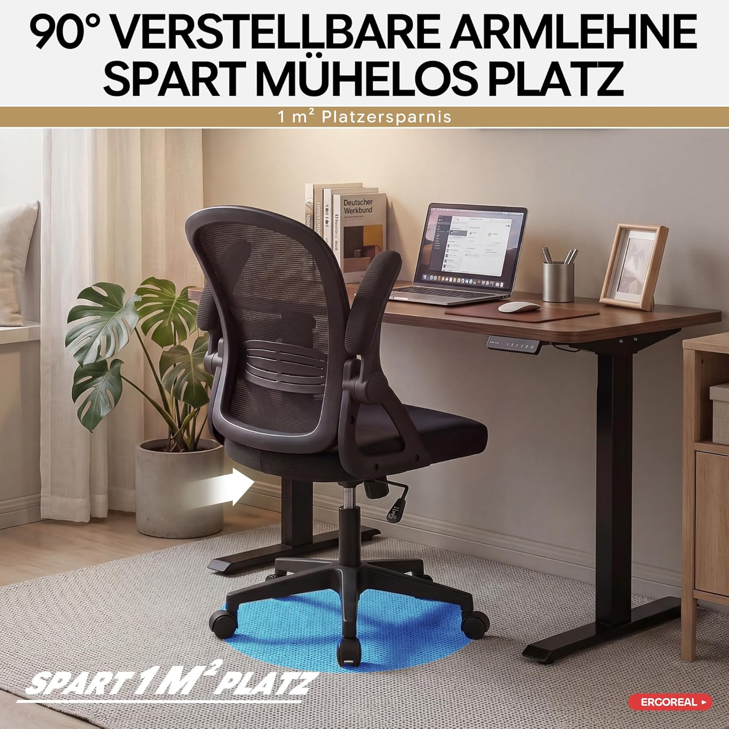 25W02 Ergonomischer Bürostuhl, 90-110° verstellbare Rückenlehne & klappbare Armlehnen (90°), Bürostuhl mit Rollen & Höhenverstellung, Heimbüro & Arbeitszimmer (Tiefschwarz) – Bild 6