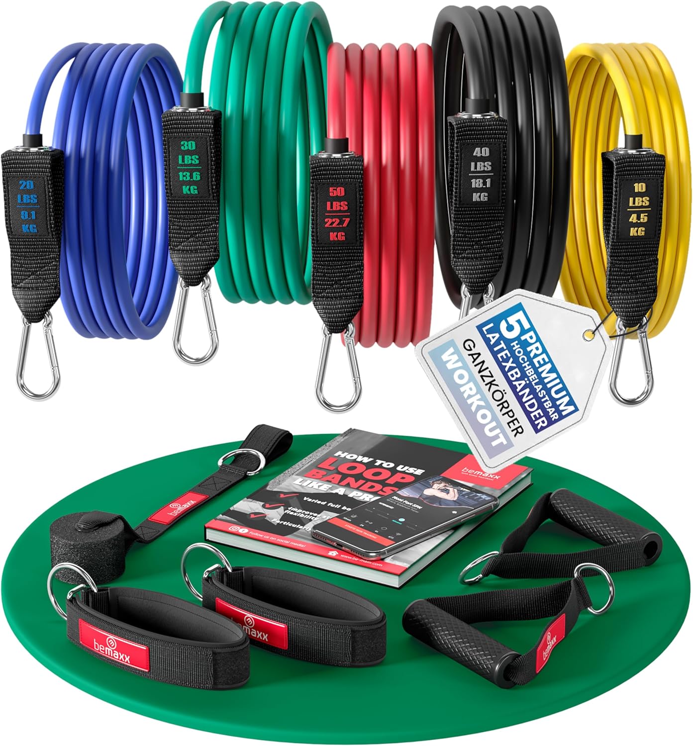 Widerstandsband-Set mit Trainingsanleitung, Expander-Röhren, Fitnessbändern, Widerstandsband-Set: 5 Widerstandsbänder, Griffe, Türanker, Fußschlaufen, Fitnessband