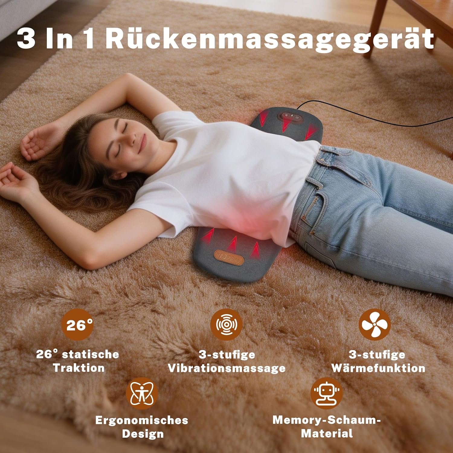 3-in-1-Rückenmassagegerät, elektrisches Lendenkissen mit Wärme- und Vibrationsmassage, ergonomische Rückenstütze, Massagegerät für den Rücken, elektrisches Lendenwirbelmassagegerät für den Rücken mit Traktion – Bild 2