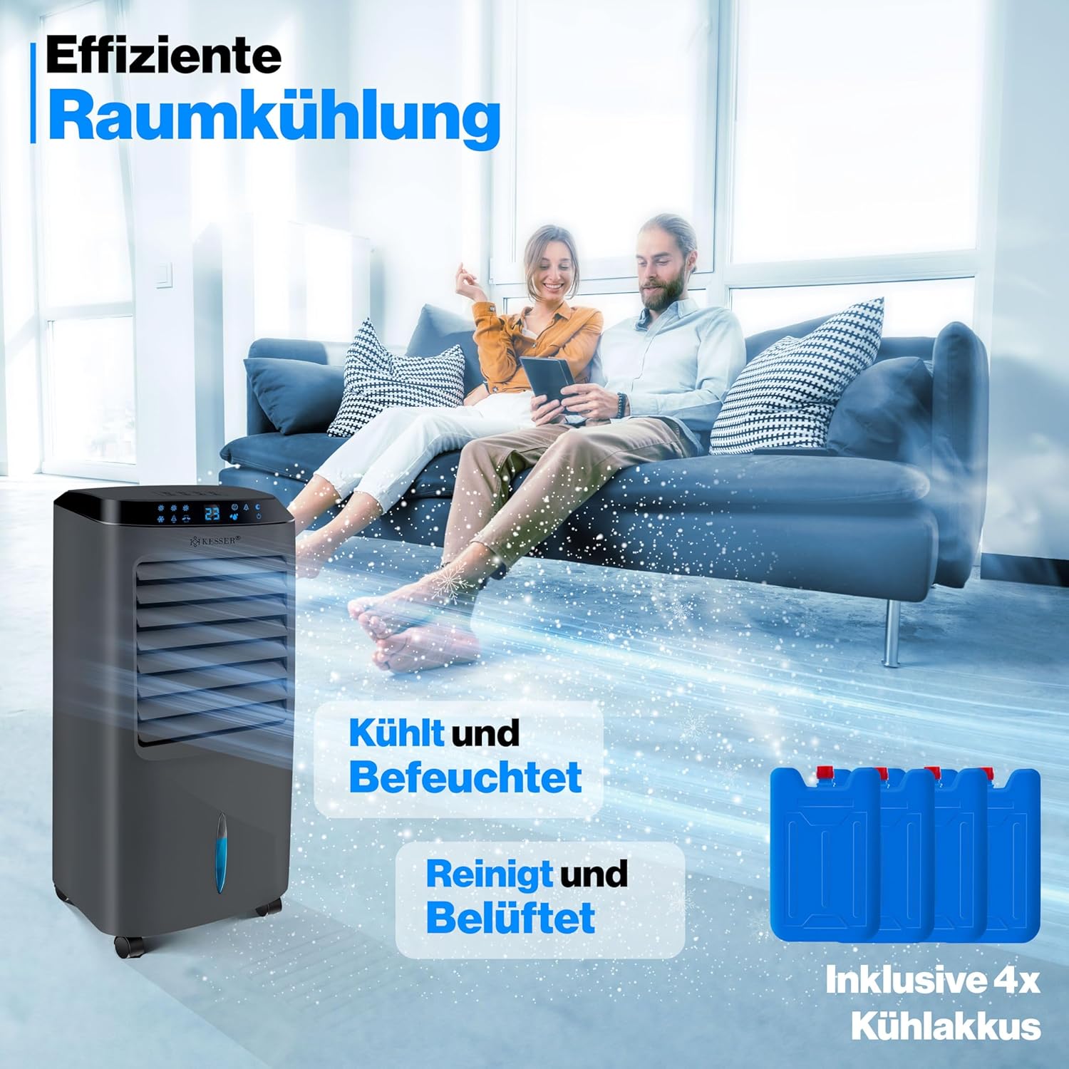 KESSER® Mobile Klimaanlage 4in1 Luftkühler – Air Cooler mit Fernbedienung & Timer, 10L Wassertank, Ionisator & Luftbefeuchter, Ventilator Klimagerät ohne Abluftschlauch, 3 Stufen inkl. Kühlakkus – Bild 4