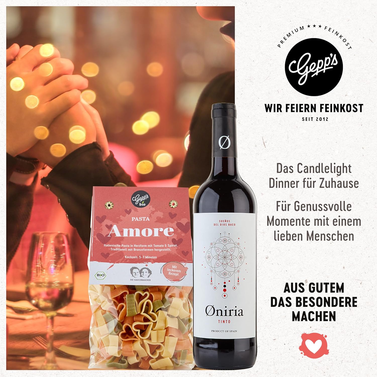 Gepp's Feinkost Candle Light Dinner Box I Romantisches Abendessen für Zwei mit spanischem Rotwein, Pasta in Herzform, Trüffelpesto und mehr I Gourmet-Geschenkset – Bild 7