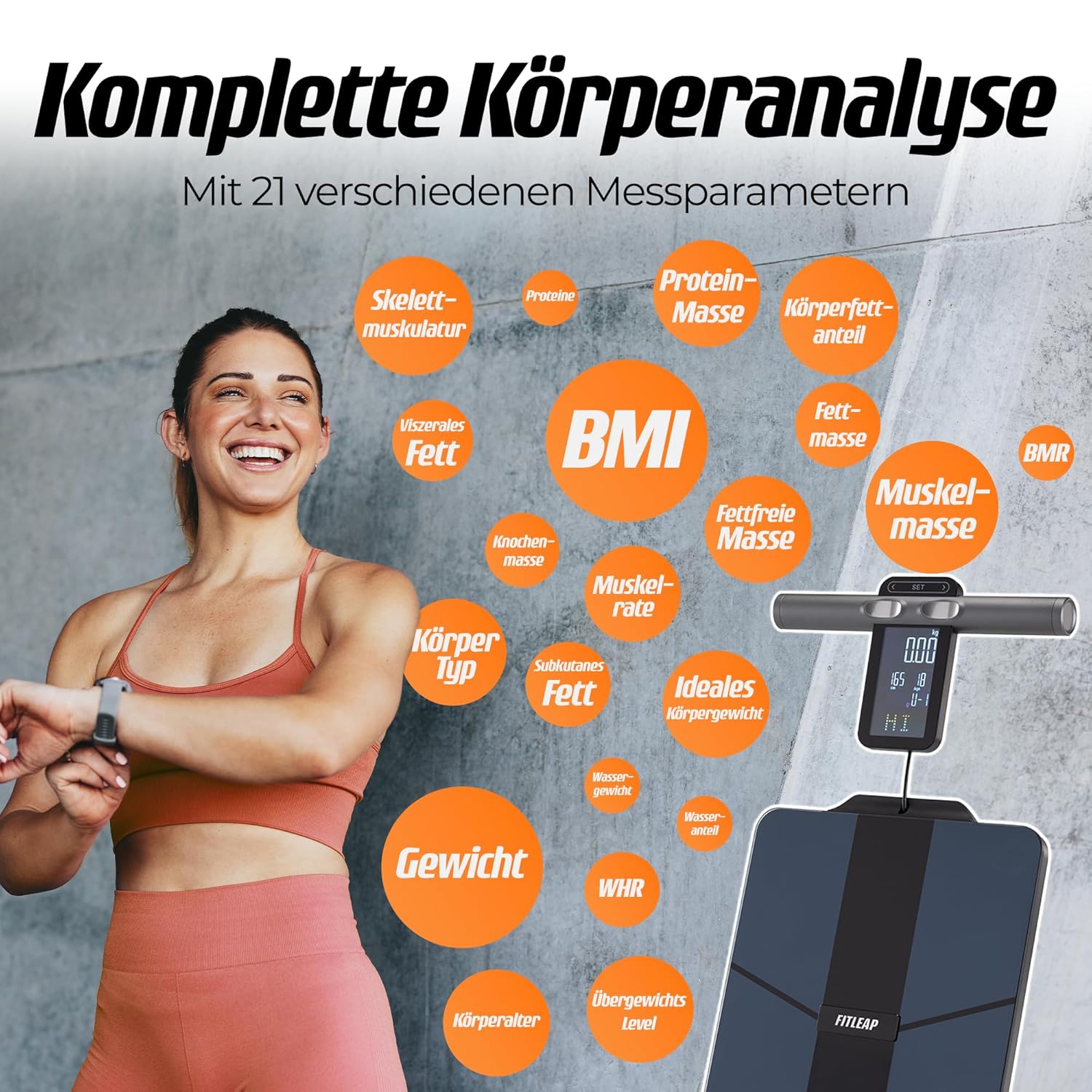 Fitleap Körperfettwaage mit Griff & App, 8 Elektroden, 21 Messungen, Bluetooth-Personenwaage, Körperanalysewaage, BMI Muskelmasse, Körperfett, bis 180 kg, 24 Benutzerprofile – Bild 2
