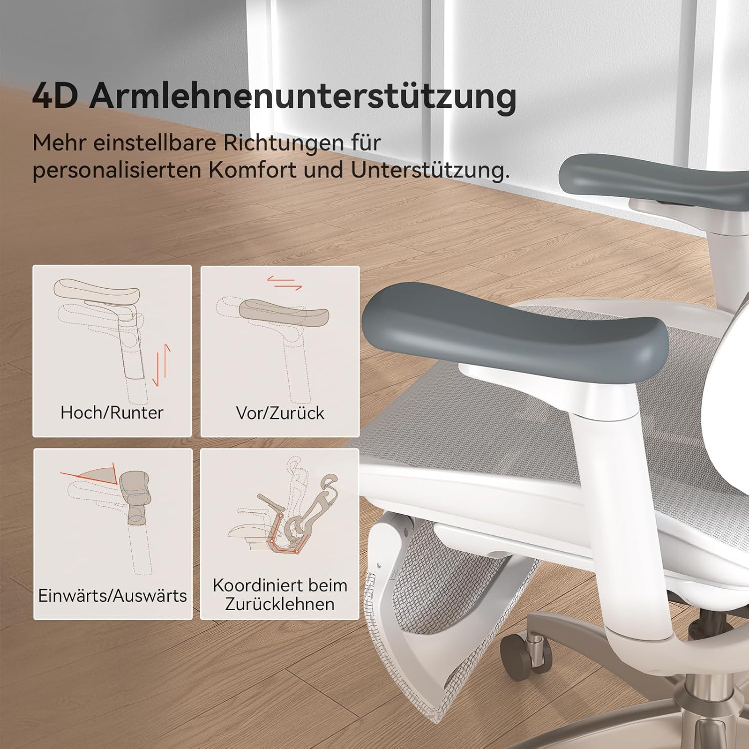 SIHOO Doro C300 Ergonomischer Bürostuhl mit dynamischer Lordosenstütze, 3D-Armlehnen und verstellbarer Rückenlehne, Fußstütze für bequemen Home-Office-Schreibtischstuhl – Weiß – Bild 8