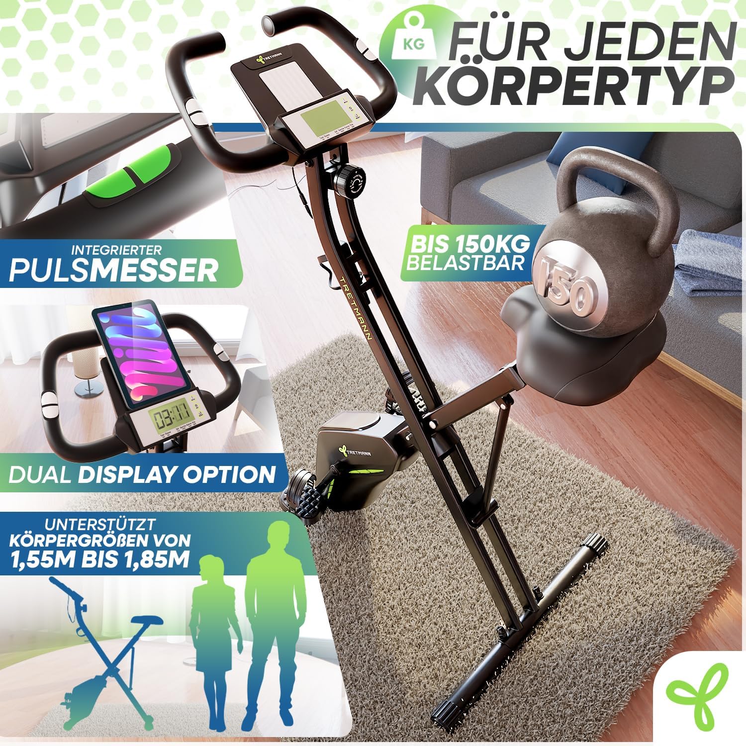 Tretmann Heimtrainer Fahrrad Klappset extra bequem & leise RelaxFoam bis 150 kg belastbar Ergometer, Heimtrainer, Ergometer Heimtrainer Senioren, Fitnessbikes – Bild 6