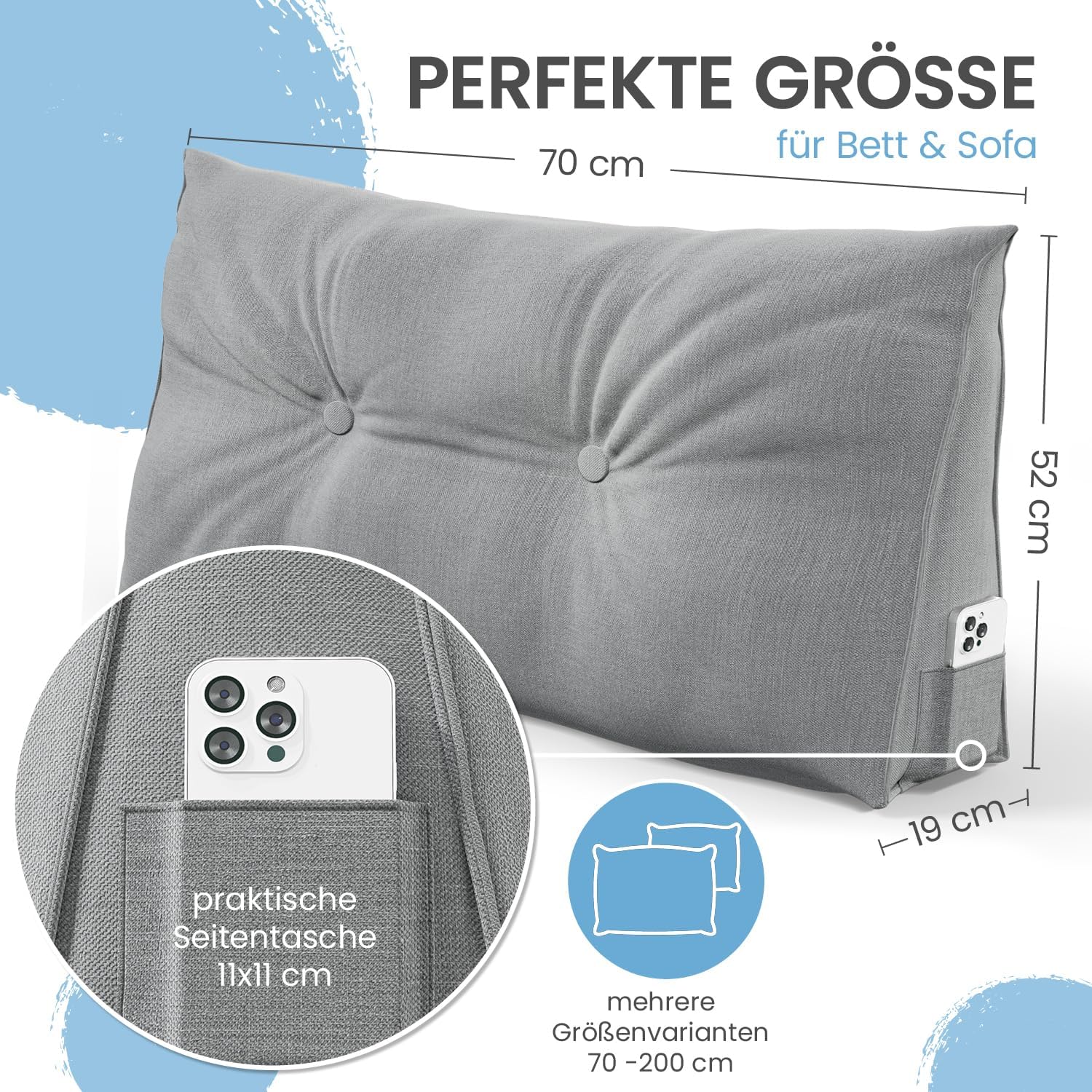 ELONEO Rückenkissen, 70 cm breit, Keilkissen, für Bett und Sofa, dreieckig, Lesekissen, abnehmbarer und waschbarer Bezug, praktische Seitentasche – Bild 3