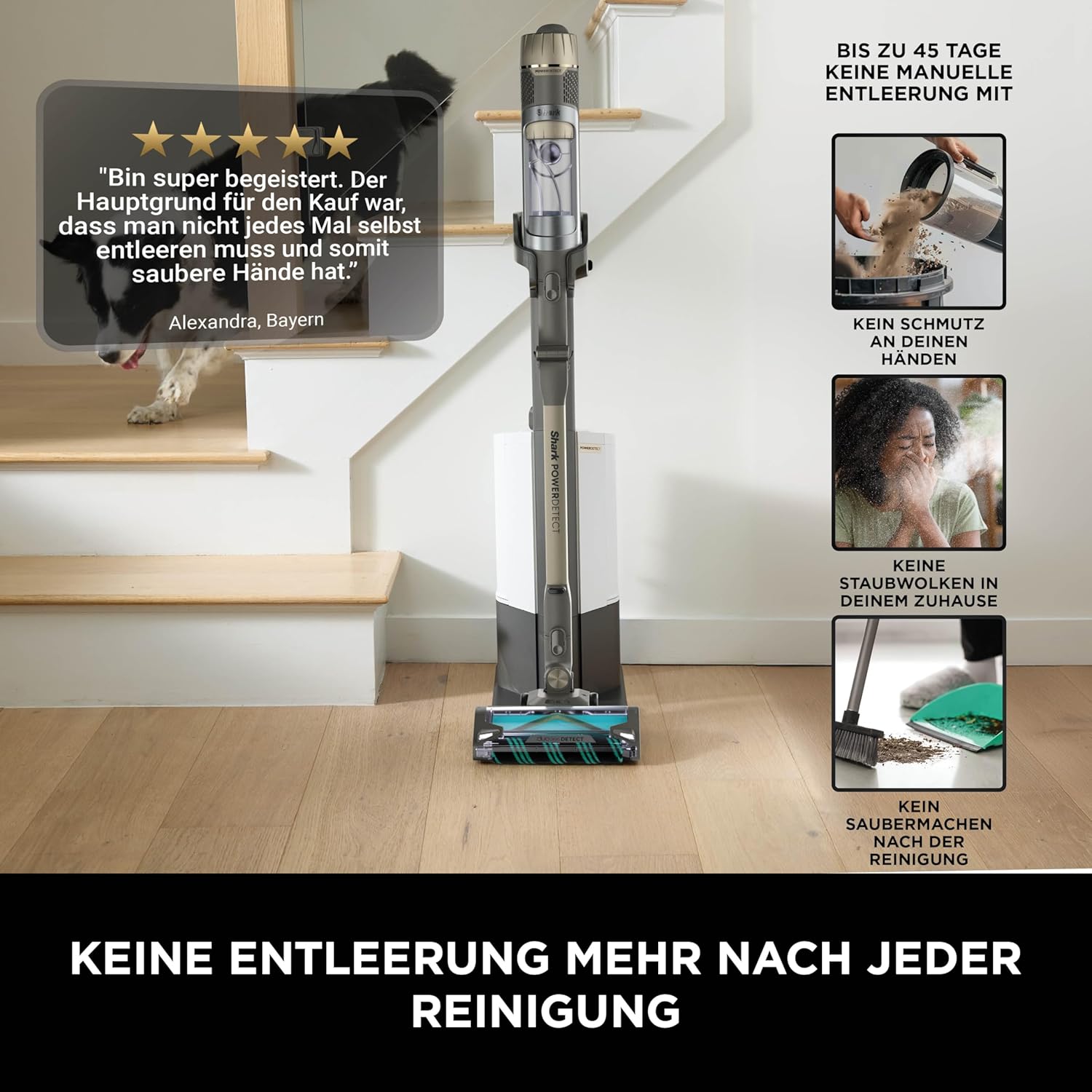 Shark PowerDetect Clean & Empty Akku-Staubsauger mit Saugstation, bis zu 70 Minuten Laufzeit, kabellos, selbstentleerend für Tierhaare, Allergiker, Teppiche und Hartböden, mit LED-Licht, Gold, IP3253EUT – Bild 6