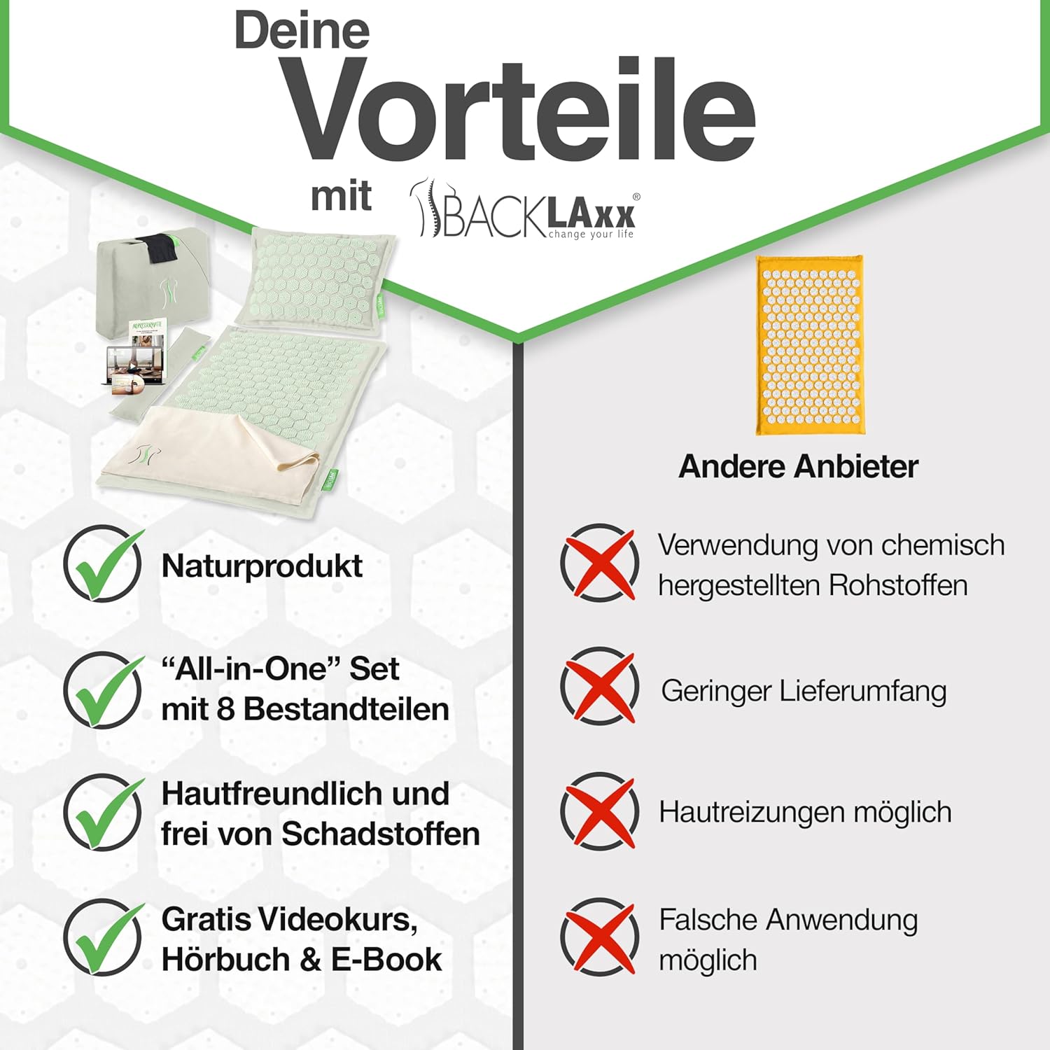 BACKLAXX Akupressurmatte mit Kissen, Tuch & Tasche, Akupunkturmatte mit Spikes zur Massage, Entspannungs-Akupressurmatte für Nacken & Schulter, Massagematte für Rücken und Ganzkörper – Bild 6