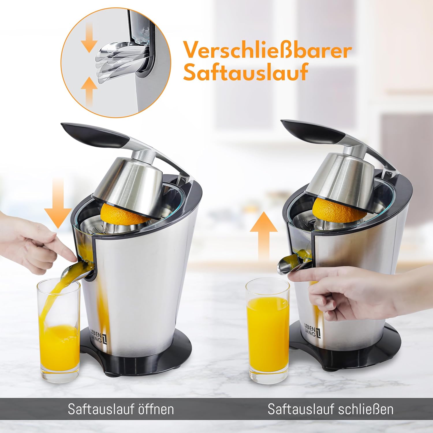 LEBENLANG Elektrischer Entsafter 600 W – inklusive Edelstahlkegel & BPA-frei I hohe Ergiebigkeit I Orangenpresse Zitruspresse Zitronenpresse I Orangenpresse Zitronen pressen – Bild 4