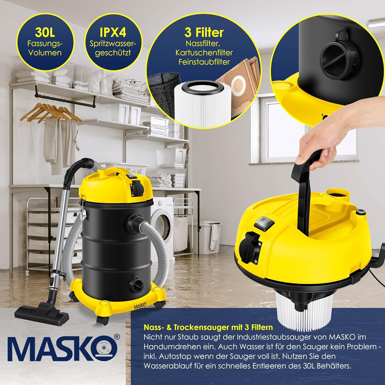 Masko® 6in1 Industriestaubsauger Nass-Trocken-Aschesauger 2300W + Steckdose. Blasfunktion. Trocken- und Nasssaugen – Industriestaubsauger mit und ohne Beutel – beutellos., gelb – Bild 5