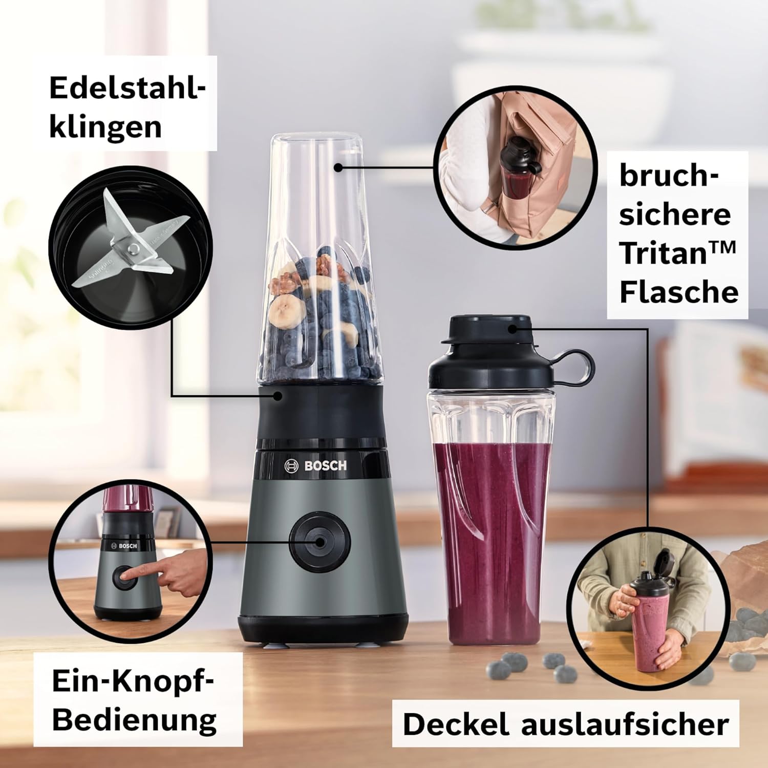 Bosch VitaPower Series 2 MMB2111S Mini-Standmixer, Smoothie-Maker, Mini-Hochgeschwindigkeitsmixer, bis zu 40.000 U/min, 450 W, ToGo-Flasche, spülmaschinenfeste Teile, hergestellt in Europa, VitaPower Series 2 – Bild 3