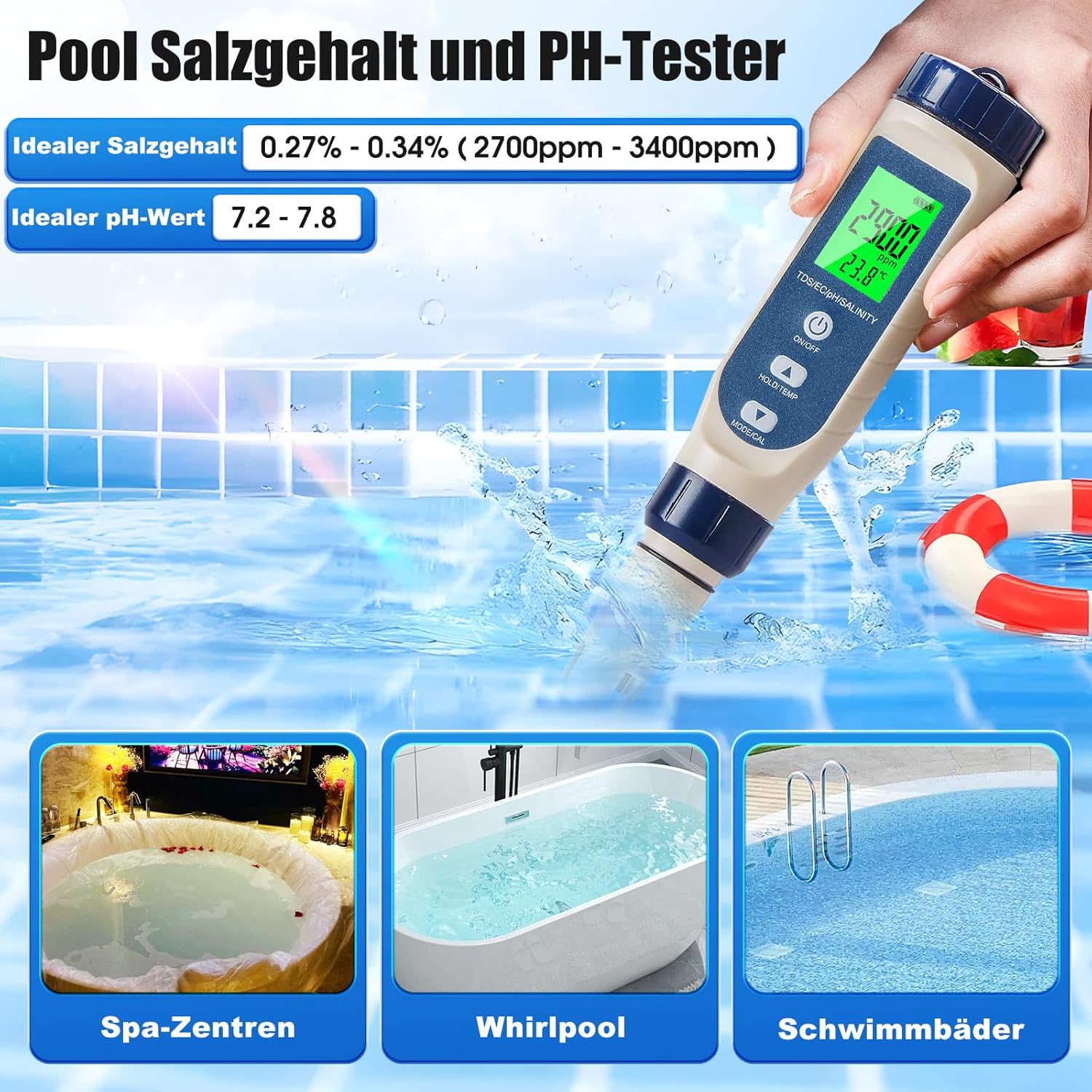 Pious PH-Wert-Messgerät, hochpräzises pH-/Salzgehalt/EC/TDS/Temperatur-Multifunktions-PH-Messgerät, LCD-Display mit automatischer Temperaturkompensation, geeignet für Trinkwasser, Schwimmbad, Hydrokultur – Bild 2