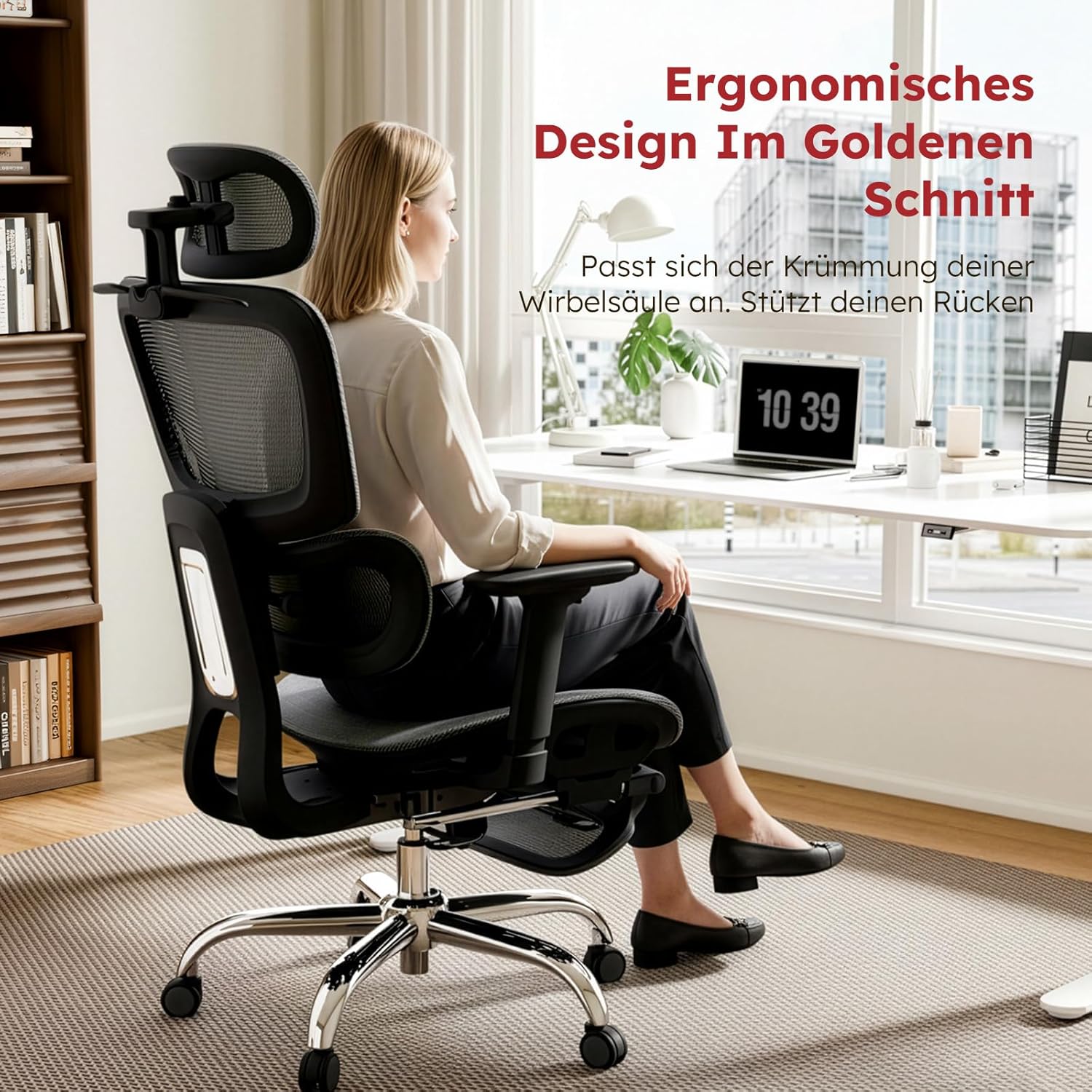Ergonomischer Bürostuhl aus Vollnetz mit abnehmbarem Kissen, Fußstütze, höhenverstellbarer Rückenlehne, Kopfstütze und Armlehnen, selbsteinstellender Lordosenstütze, PU-Rädern, 360° drehbar, 150 kg, Dunkelgrau – Bild 3