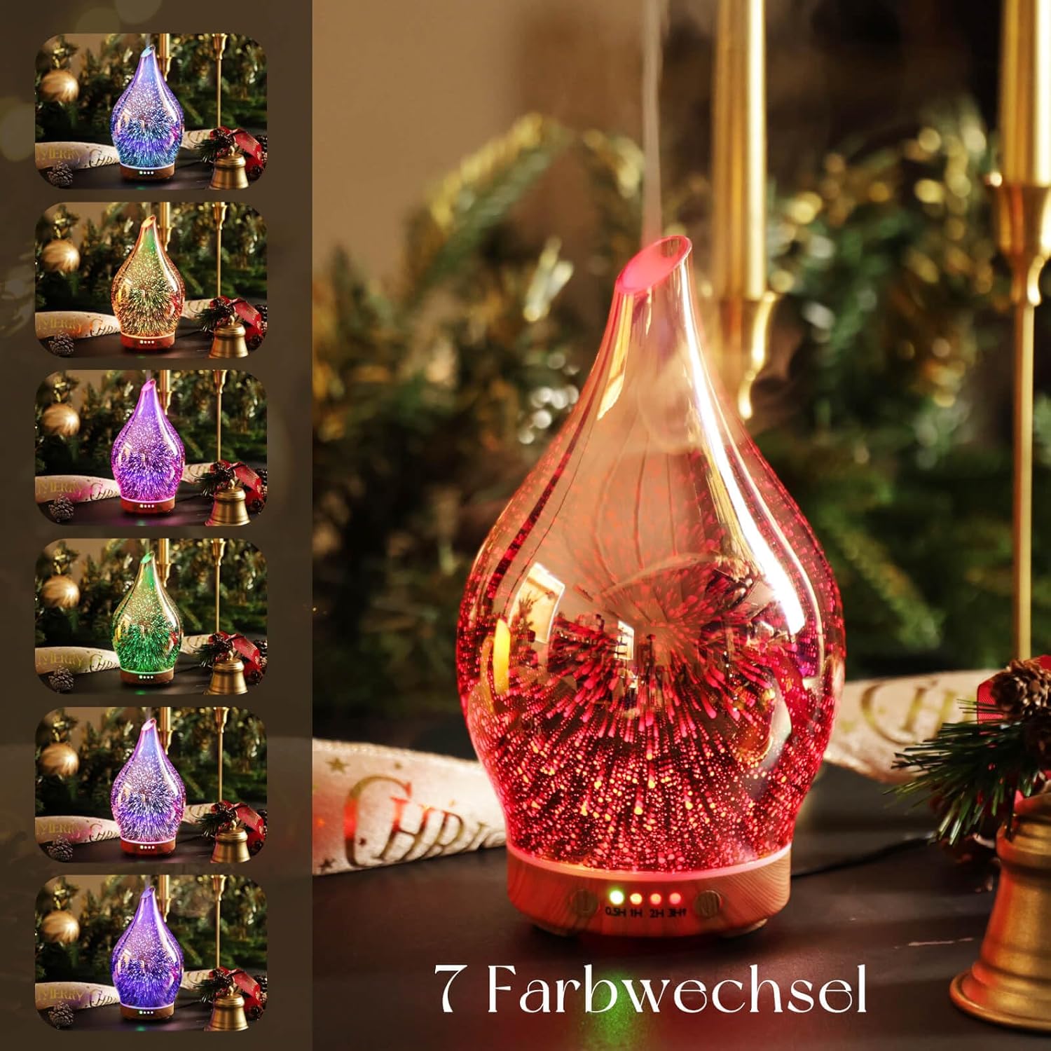 Porseme Aroma-Diffusor 150 ml, mundgeblasener 3D-Glas-Luftbefeuchter, Ultraschall-Aromatherapie-Öl-Diffusor mit 7 farbigen LED-Lichtern, Diffusor für ätherische Öle mit Timer, BPA-frei für Zuhause (Roségold) – Bild 3
