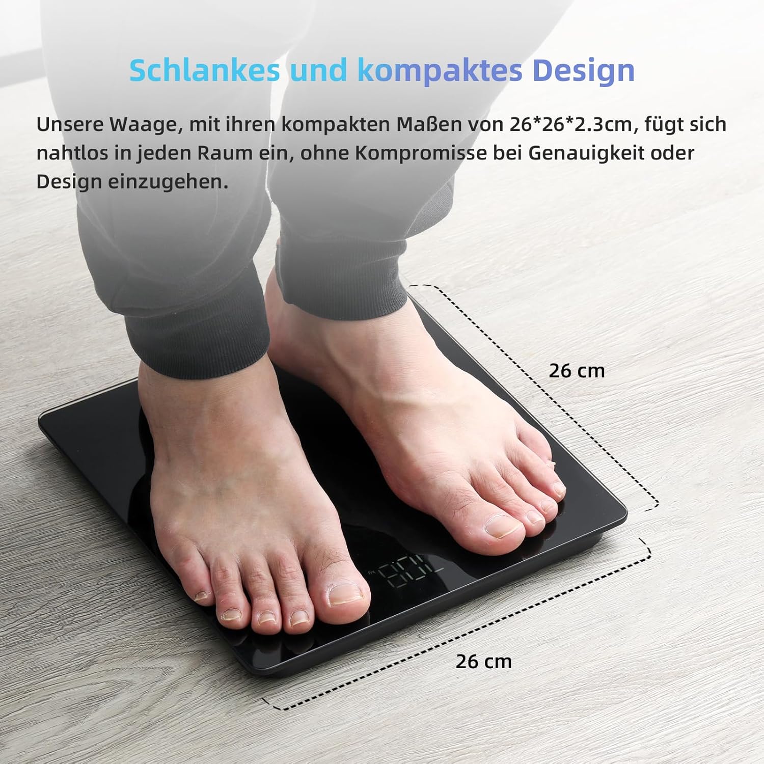 Personenwaage von Healthkeep – Digitale Körperwaage mit hochpräzisen Sensoren, Tragkraft bis 180 kg, Digitalwaage mit klarem LED-Display, Personenwaage aus kompaktem Hartglas 26 x 26 cm, Schwarz – Bild 4