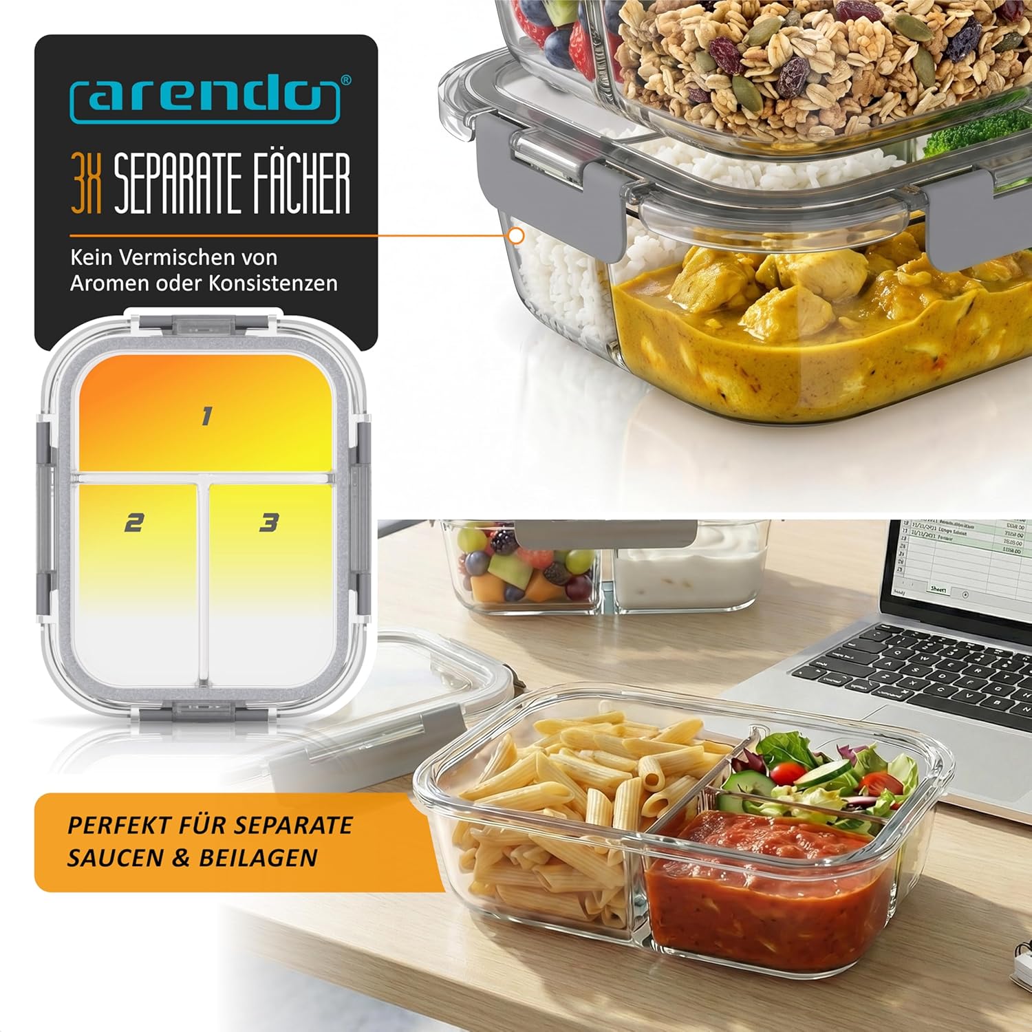Arendo – Lunchboxen aus Glas – 3 Fächer – Frischhaltedosen mit Deckel, luftdicht – 2er-Set – 1000 ml – für Mikrowelle, Backofen, Gefrierschrank – spülmaschinenfest – Vorratsgläser für die Zubereitung von Mahlzeiten – Bild 3
