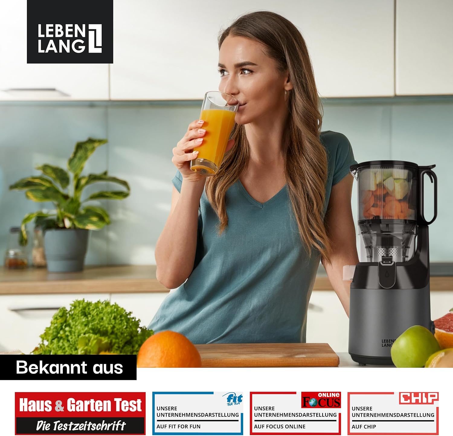 LEBENLANG Slow Juicer – inklusive Rezeptbuch & großer 135-mm-Öffnung I perfekt für Obst, ganze Früchte und Gemüse, 100 % BPA-frei I beste Entsafter-Maschine, Entsafter (grau) – Bild 6