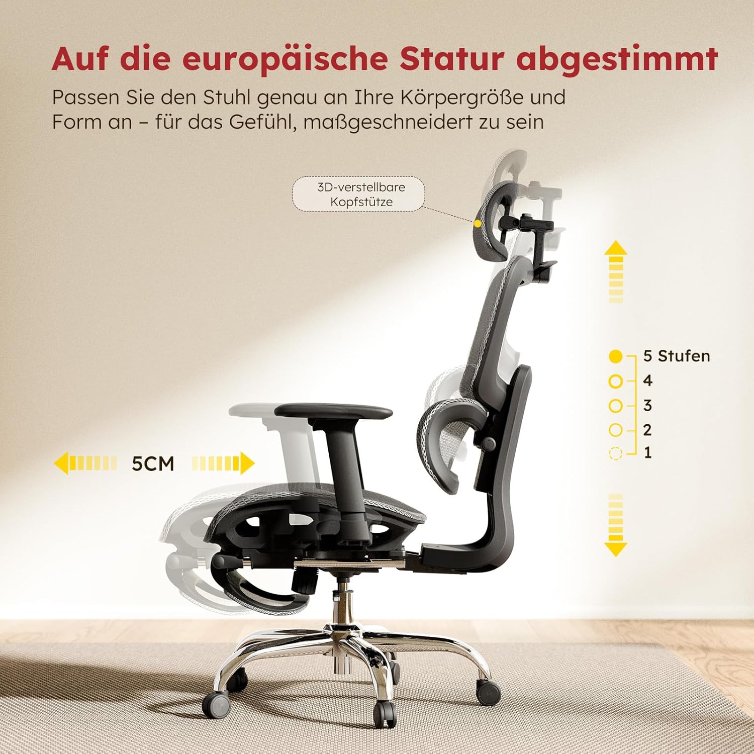 Ergonomischer Bürostuhl aus Vollnetz mit abnehmbarem Kissen, Fußstütze, höhenverstellbarer Rückenlehne, Kopfstütze und Armlehnen, selbsteinstellender Lordosenstütze, PU-Rädern, 360° drehbar, 150 kg, Dunkelgrau – Bild 6