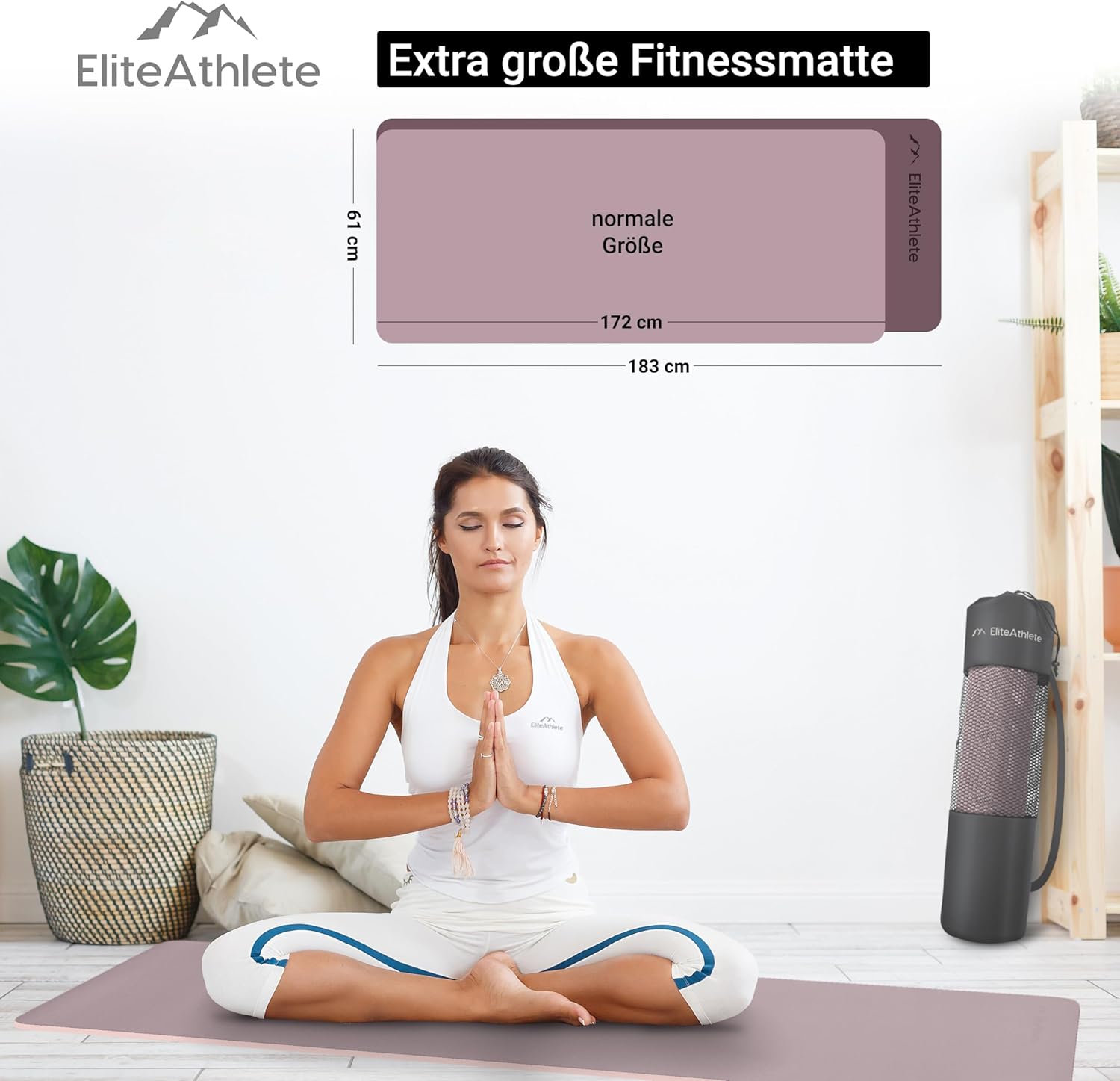 EliteAthlete Yogamatte – Sportmatte – Fitnessmatte – Gymnastikmatte gepolstert & rutschfest für Fitness, Pilates – Yogamatte – 183 cm x 61 cm x 0,6 cm – Trainingsmatte inklusive Transportgurt und Tasche – Bild 3
