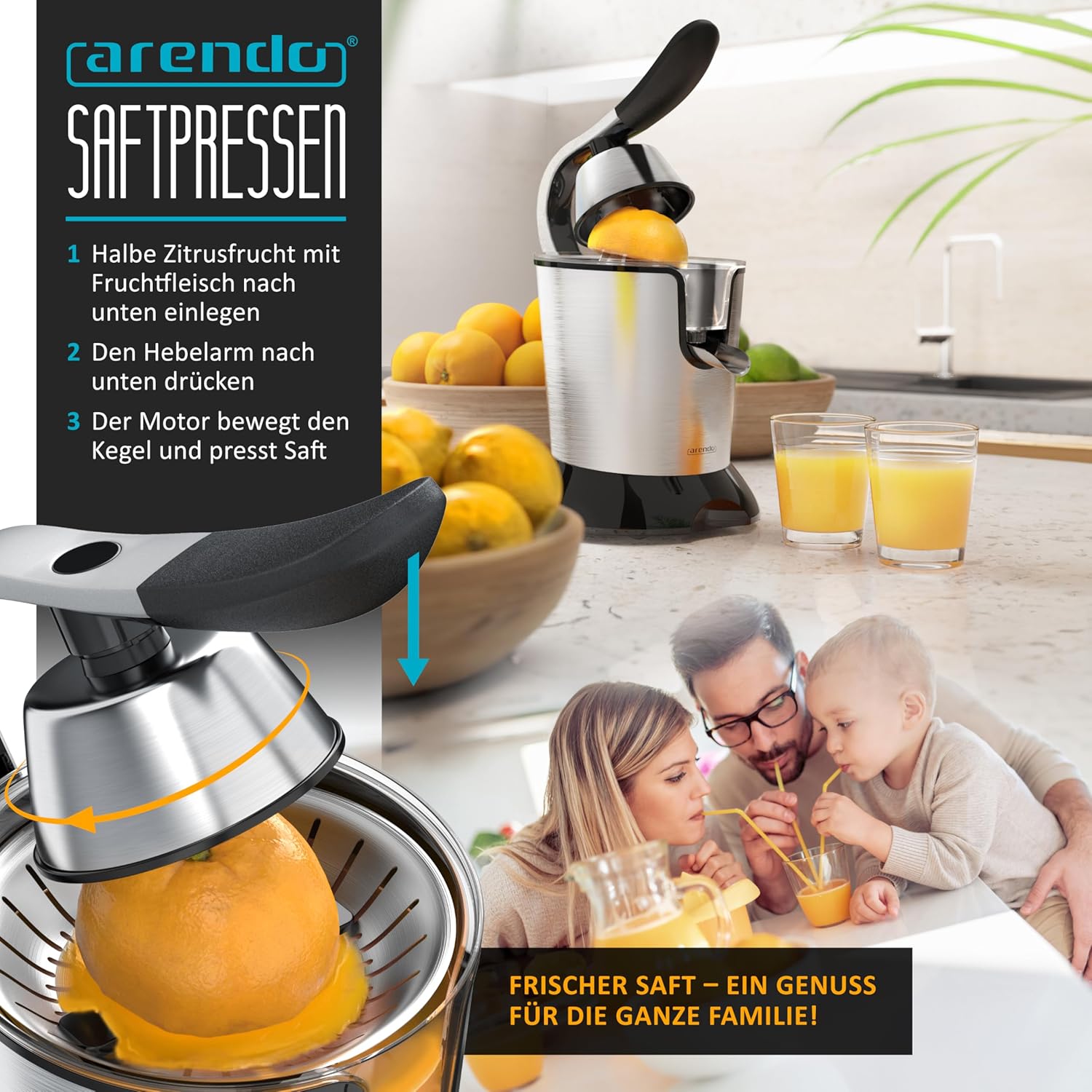 Arendo – Elektrischer Entsafter 800 Watt – Zitruspresse aus Edelstahl, Orangenpresse – Hochleistungsmotor – sehr hohe Ergiebigkeit – Edelstahlkegel – BPA-frei – spülmaschinenfest – Bild 4