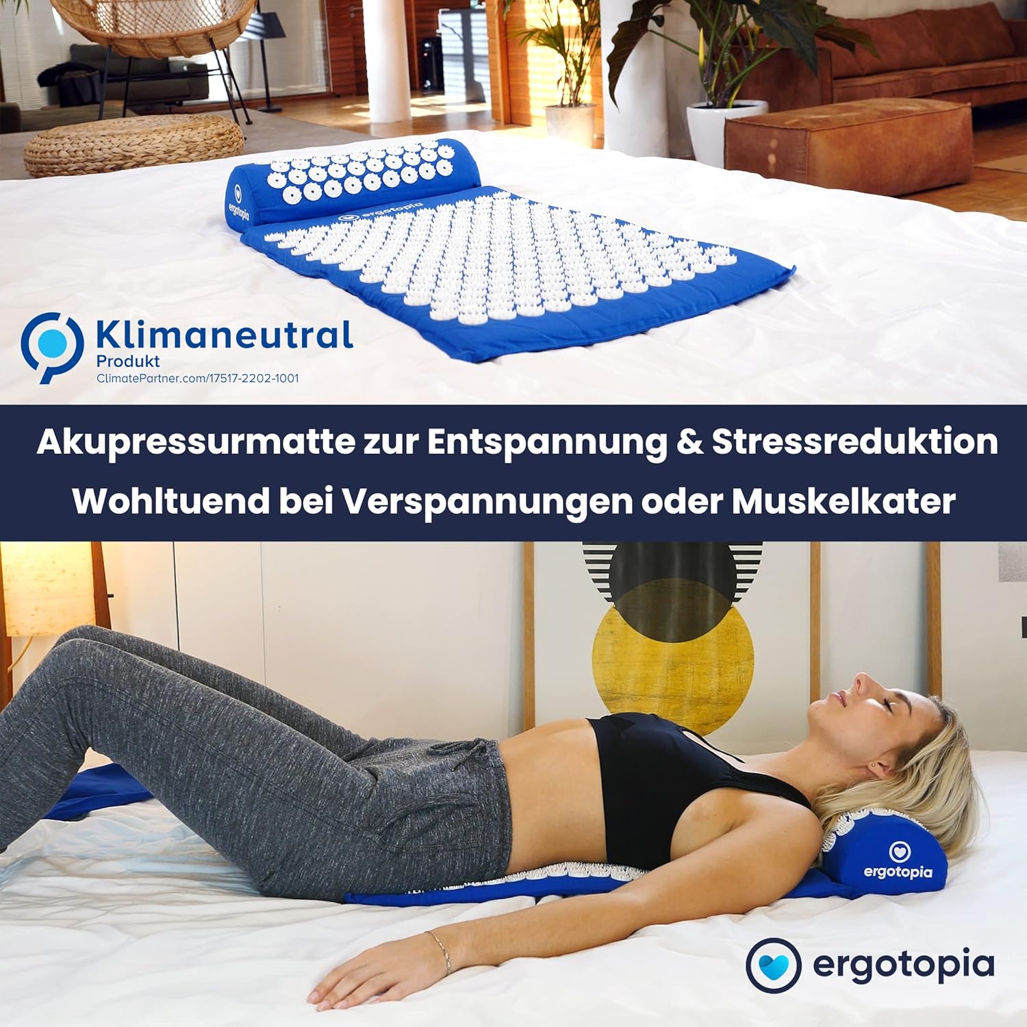 Ergotopia Akupressurmatte für wohltuende Entspannung/Massagematte für ruhige Momente und bessere Durchblutung/inkl. Akupressurkissen, 68 x 42 cm – Bild 2