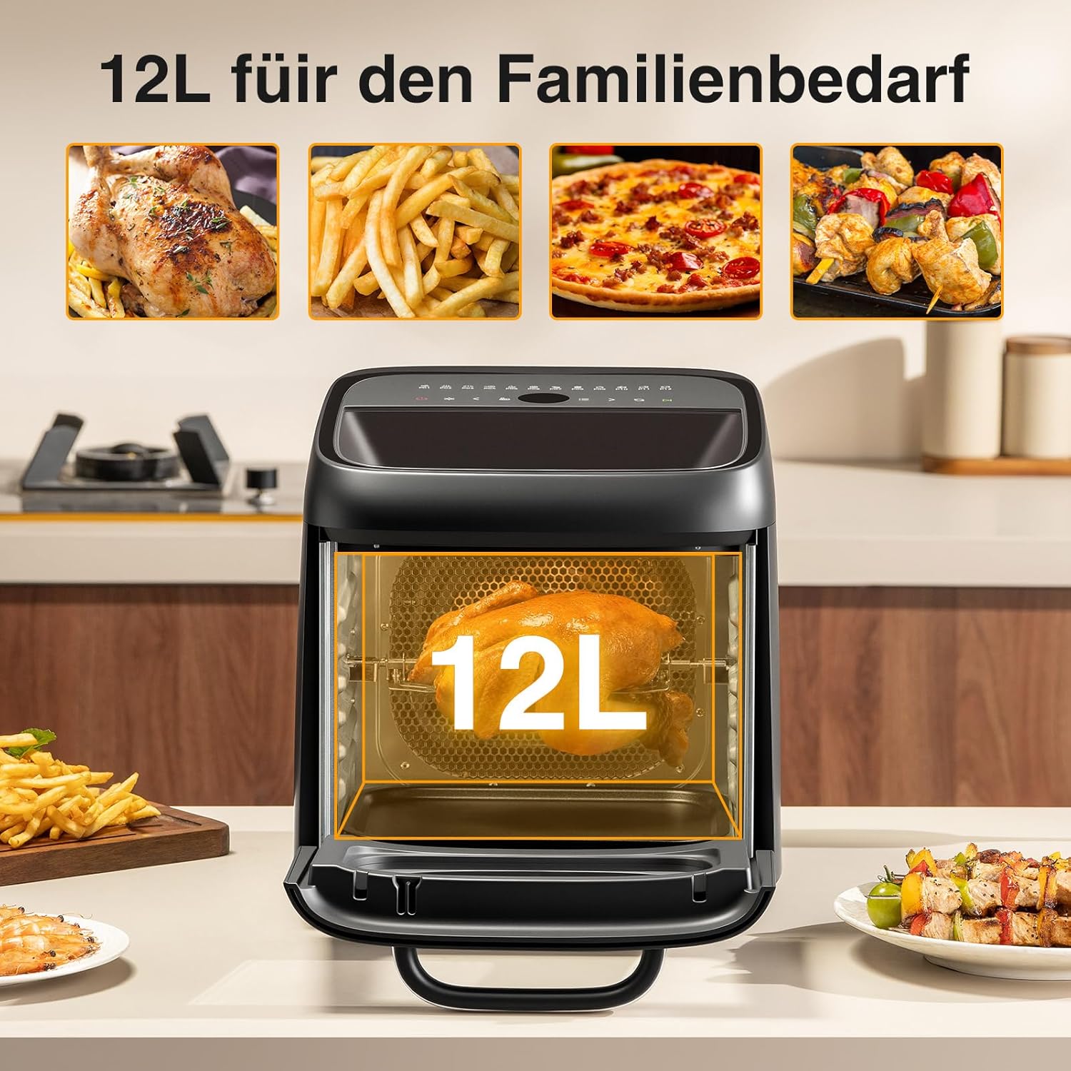 12L Heißluftfritteuse, 12-in-1-Heißluftfritteuse mit 8 Zubehörteilen, Backofen, Grill, Dörrgerät, 1800-W-Luftfritteuse ohne Öl mit 2 großen Sichtfenstern, 80-200 °C, Schwarz – Bild 4
