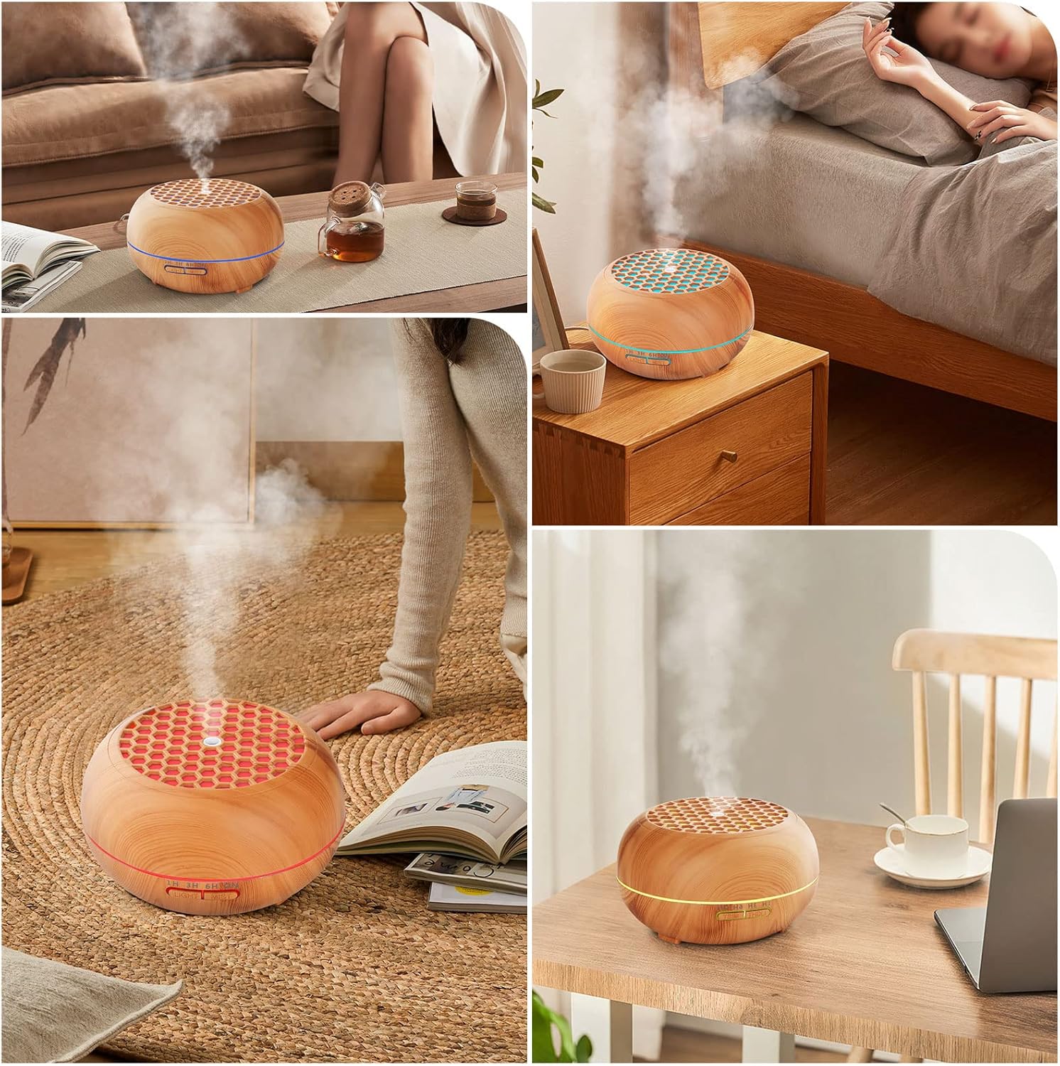 Simpeak Aroma Diffuser 550 ml, Ultraschall-Raumdiffusor Holz für ätherische Öle, Aromatherapie-Düfte, Luftbefeuchter mit Fernbedienung, Hellbraun – Bild 7