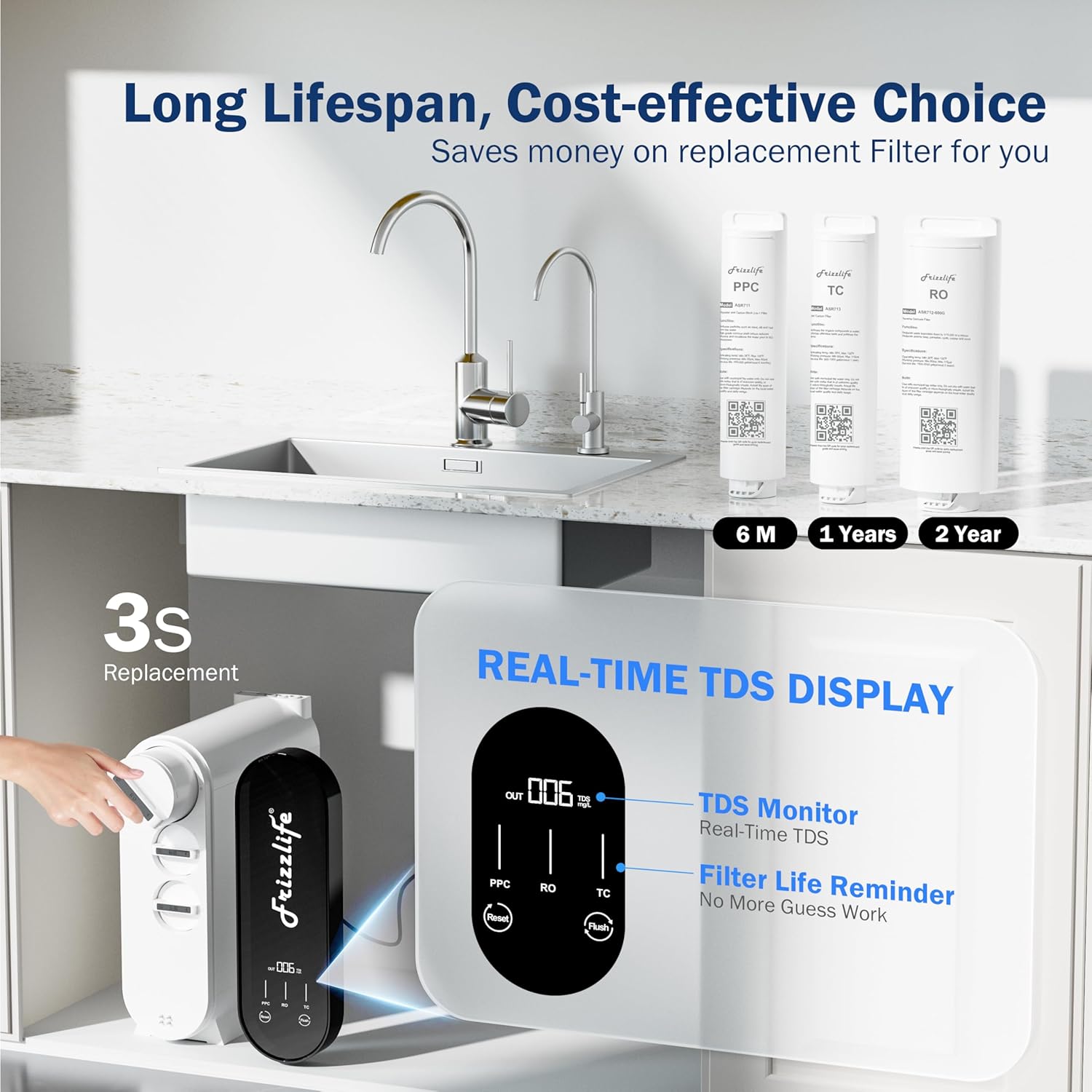 Frizzlife Umkehrosmose-System, 600 GPD, Entkalkungssystem RO-Untertisch-Wasserfilter, 2:1 rein zum Abfluss, reduziert TDS, ohne Tank, BPA-frei, PX600 – Bild 5