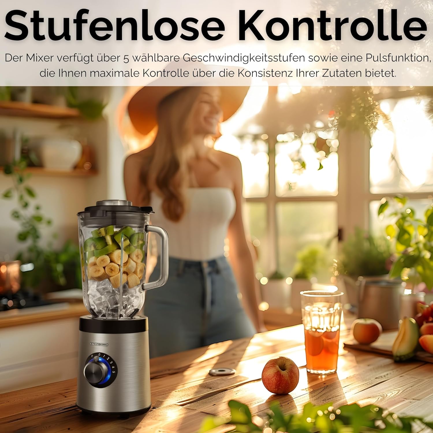 Steinborg Standmixer aus Glas, Edelstahl, 800 Watt, 1,5 Liter Glaskanne, Universal-Powermixer, Smoothie-Maker, Zerkleinerer, Multifunktionsmixer, 6-Wege-Messer, Eiscrusher, 5 Stufen + Pulsfunktion – Bild 3