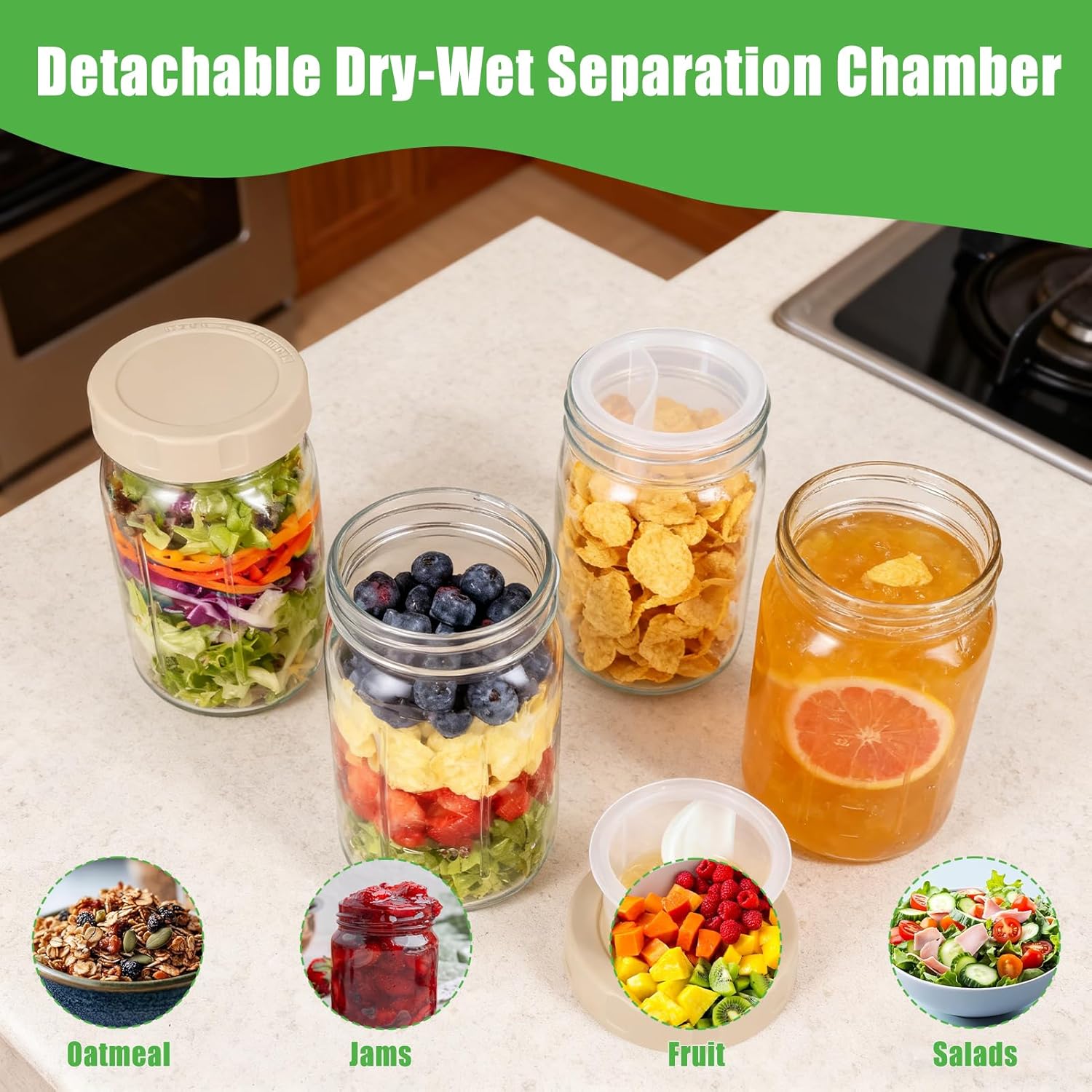 4 Meal-Prep-Gläser-Set mit Deckel, Salatbehälter, 1 Liter vertikale Schichtung, auslaufsichere Einmachgläser für Zuhause und Reisen für frische Salate, Marmelade, Overnight Oats und Mittagessen – Bild 4
