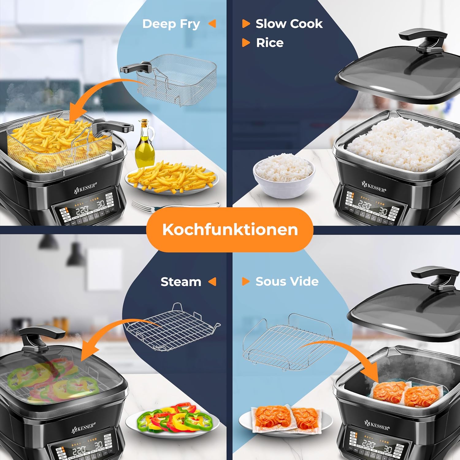 KESSER Multikocher mit Heißluftfritteuse 8 L & 16 Programme Küchengerät – Grillen, Backen, Dünsten, Vorheizen & Warmhalten Funktion, Reiskocher, Schongarer, Joghurtbereiter – Bild 7