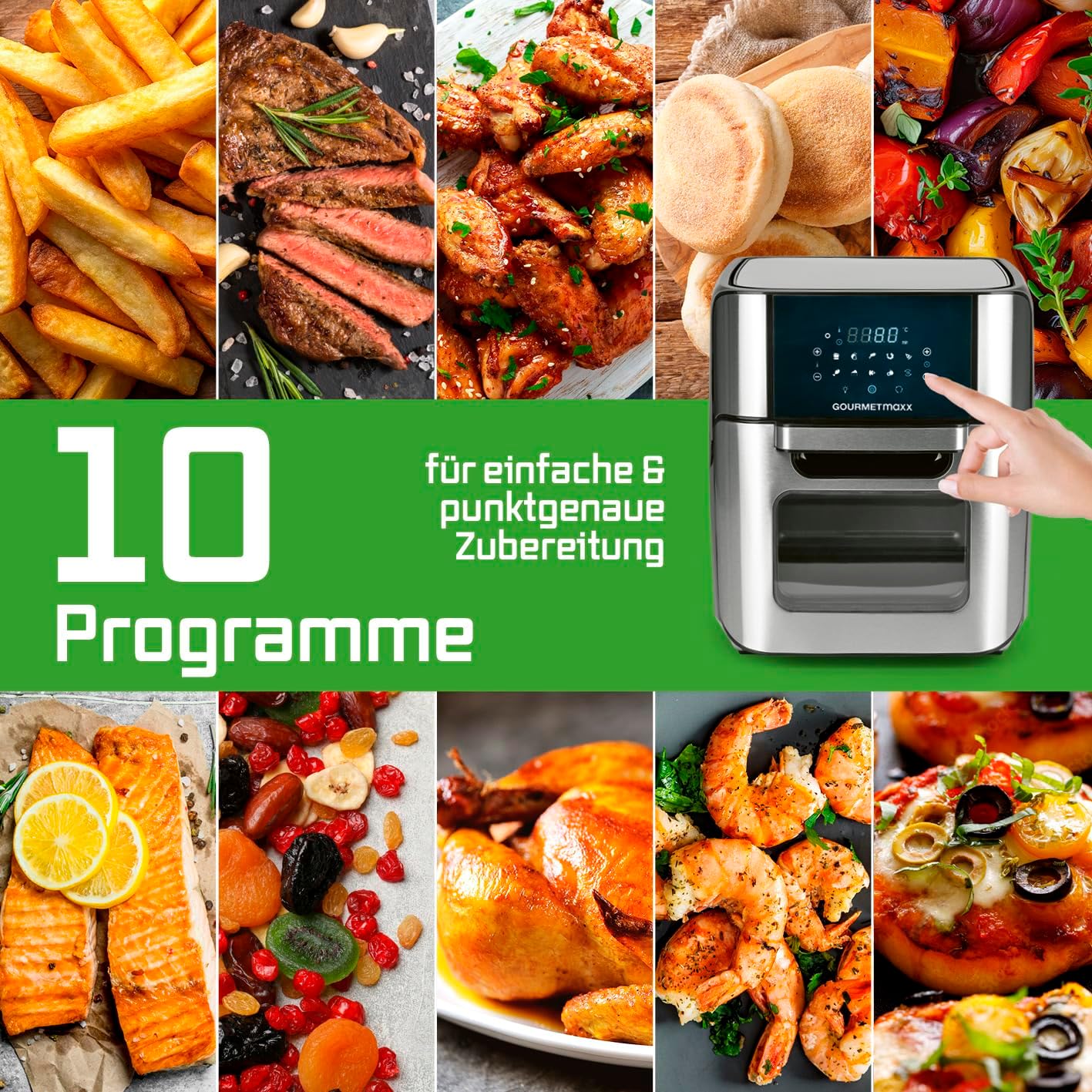GOURMETmaxx Digitale XXL Heißluftfritteuse 12 Liter | Braten ohne Fett, Zubehör ist spülmaschinenfest | Edelstahldesign, 10 Programme und Timerfunktion (1.800 Watt/Schwarz) – Bild 9
