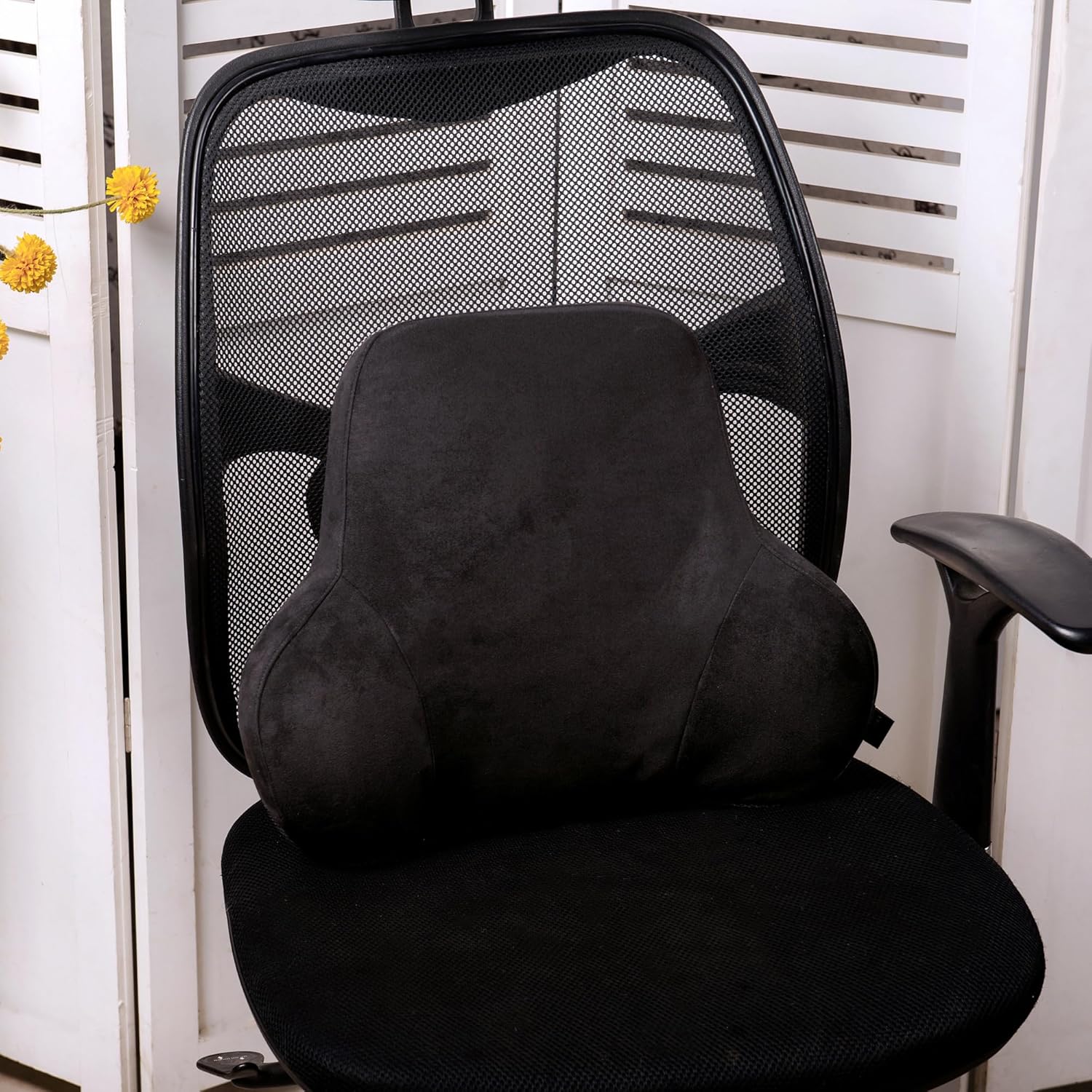 Lendenwirbelstütze Auto-Lendenkissen aus Memory-Schaum mit abnehmbarem Wildlederbezug – Ergonomisches Rückenkissen für Auto & Büro (Schwarz) – Bild 3