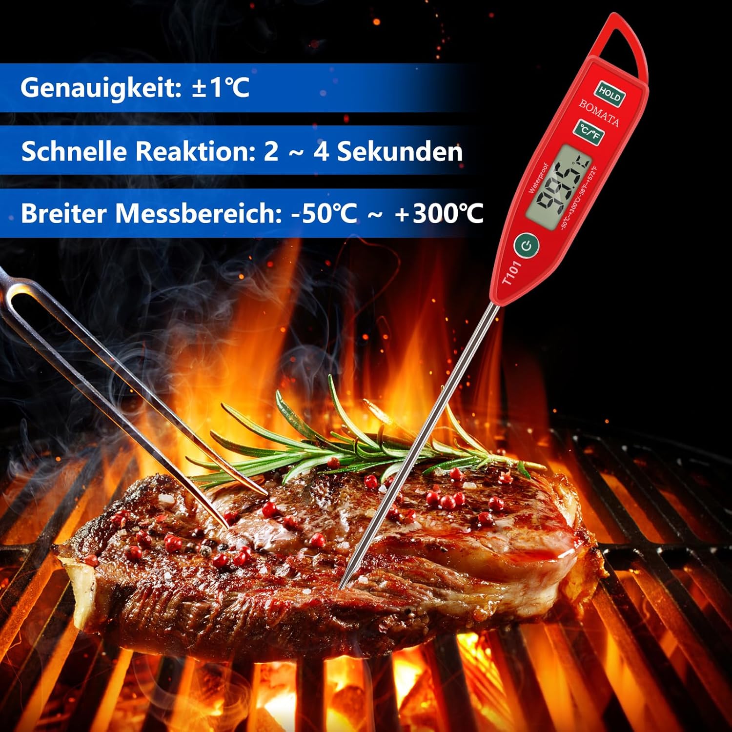 BOMATA 2er-Set wasserdichtes IPX7-Fleischthermometer zur sofortigen Messung der Lebensmitteltemperatur, mit langer Sonde, geeignet für Wasser, Flüssigkeiten, Kochen in der Küche, Grillen und BBQ! 2 Stück (Schwarz und Rot) – Bild 3