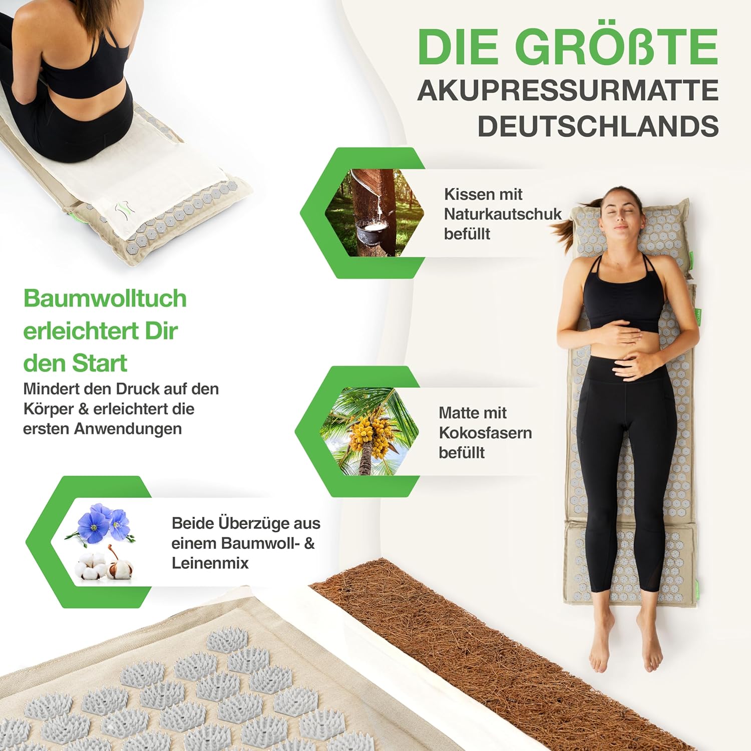 BACKLAXX Akupressurmatten-Set mit Kissen, Tuch & Tasche, XL-Akupressurmatte, 120 % mehr Fläche, Akupunkturmatte mit Spikes zur Massage, Akupressurmatte für Nacken und Schulter, Massagematte Rücken – Bild 2