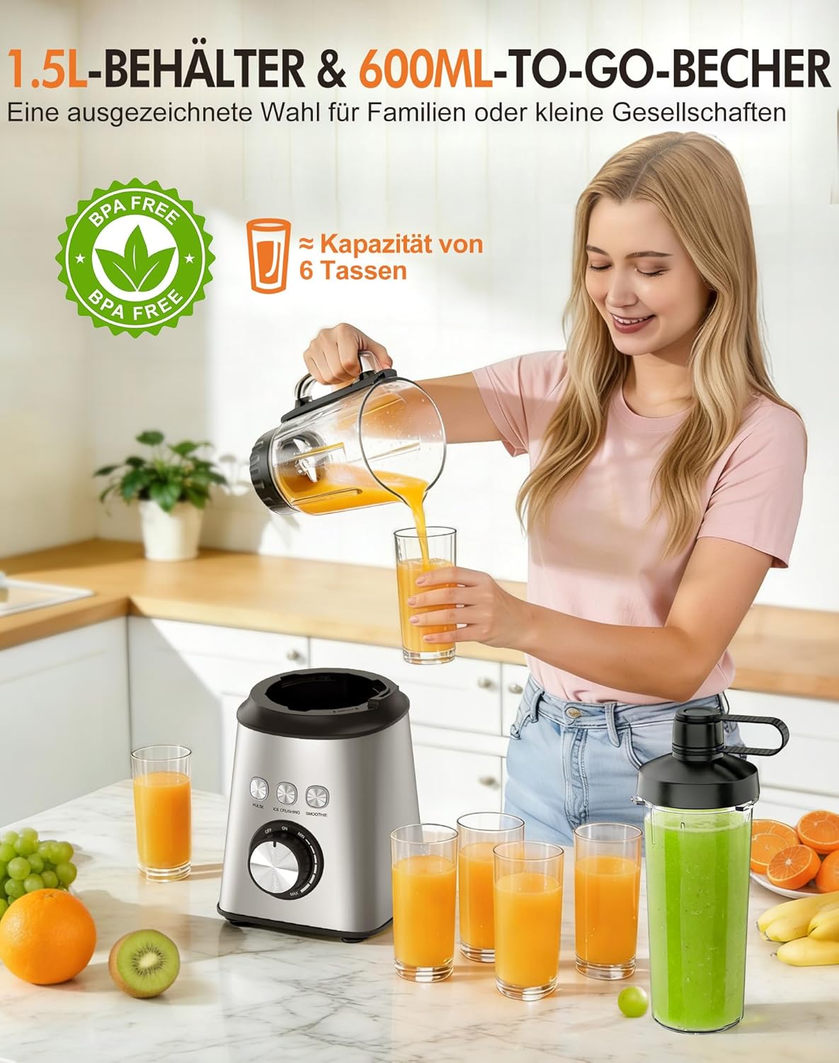 Mixer, Smoothie Maker & Standmixer, Schnellmixer, Smoothie Maker, 1,5 L Glasbehälter & 600 ml, 1.000 W, 24.000 U/min, 3 Programme, stufenlose Geschwindigkeit, Edelstahl, für Smoothies, Mixen – Bild 6