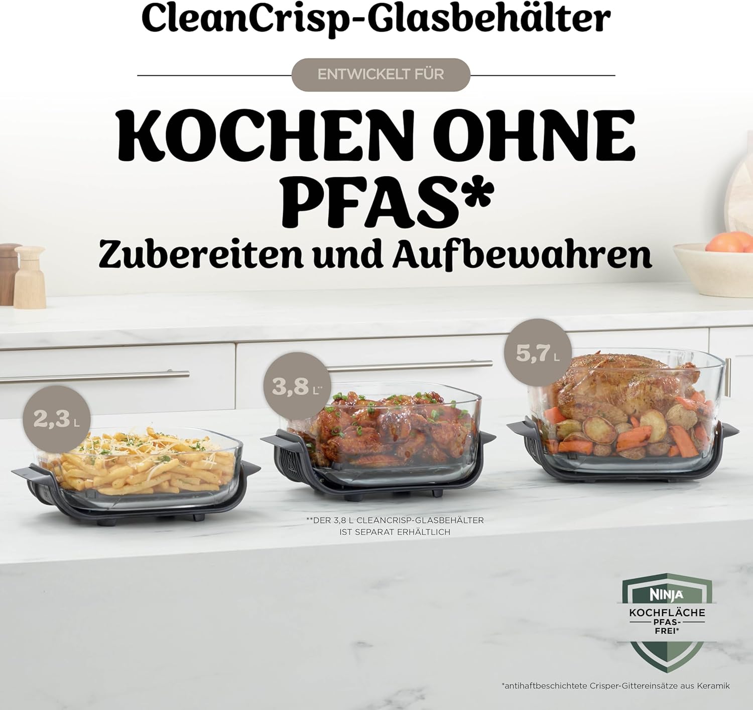 Ninja CRISPi PRO XL Glas-Luftfritteuse (Luftfritteuse), 5 voreingestellte Zubereitungsfunktionen, inklusive CleanCrisp-Glasbehälter (5,7 l und 2,3 l) und Aufbewahrungsdeckel, Steingold AS090EUSD – Bild 11