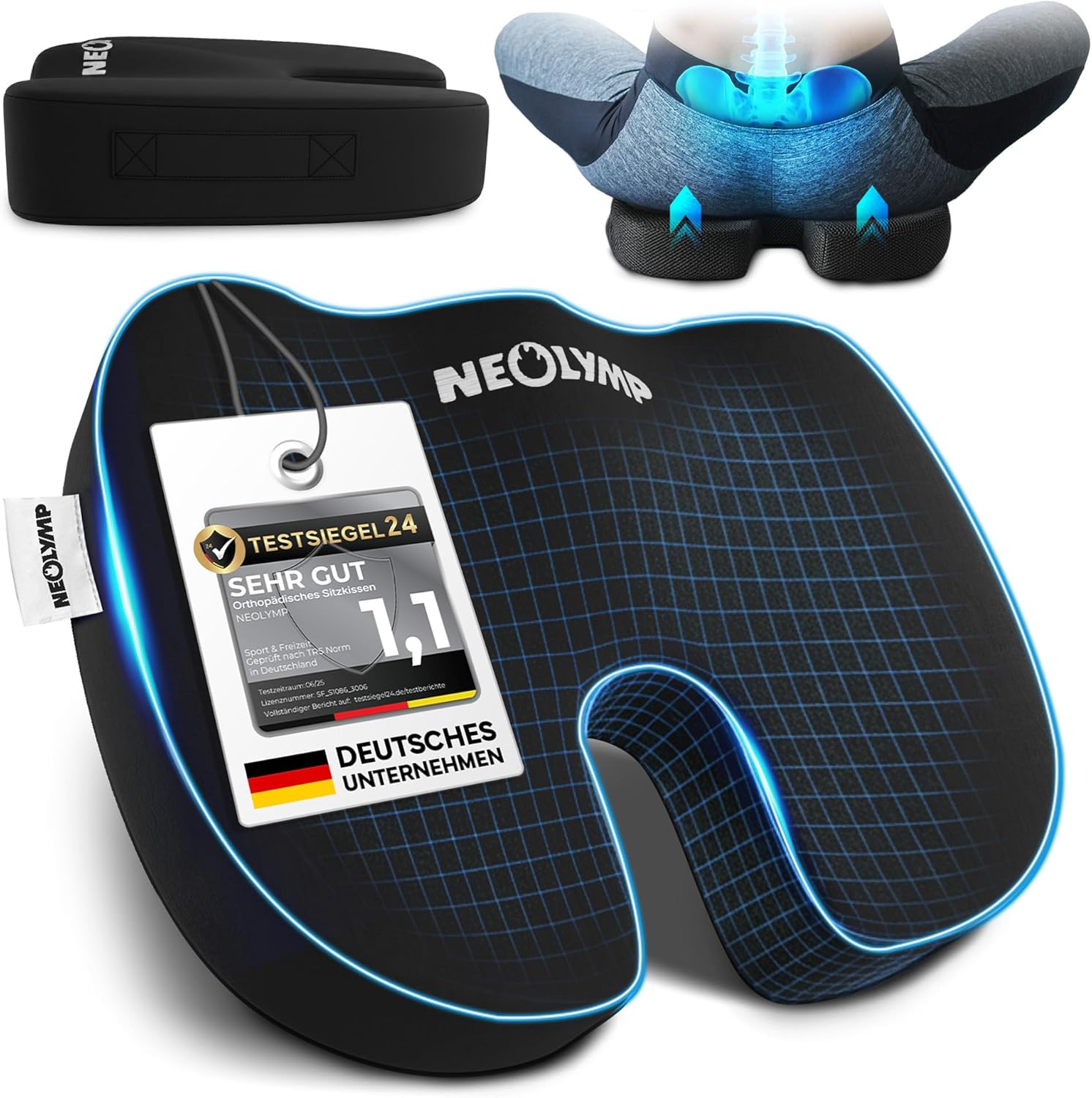 NEOLYMP Orthopädisches Sitzkissen – Memory Foam Kissen mit Steißbeinaussparung – Ergonomisches Design für Büro, Auto & Reisen – 3 Härtegrade für Sitzkomfort (Schwarz, Mittel, 60-100 kg)