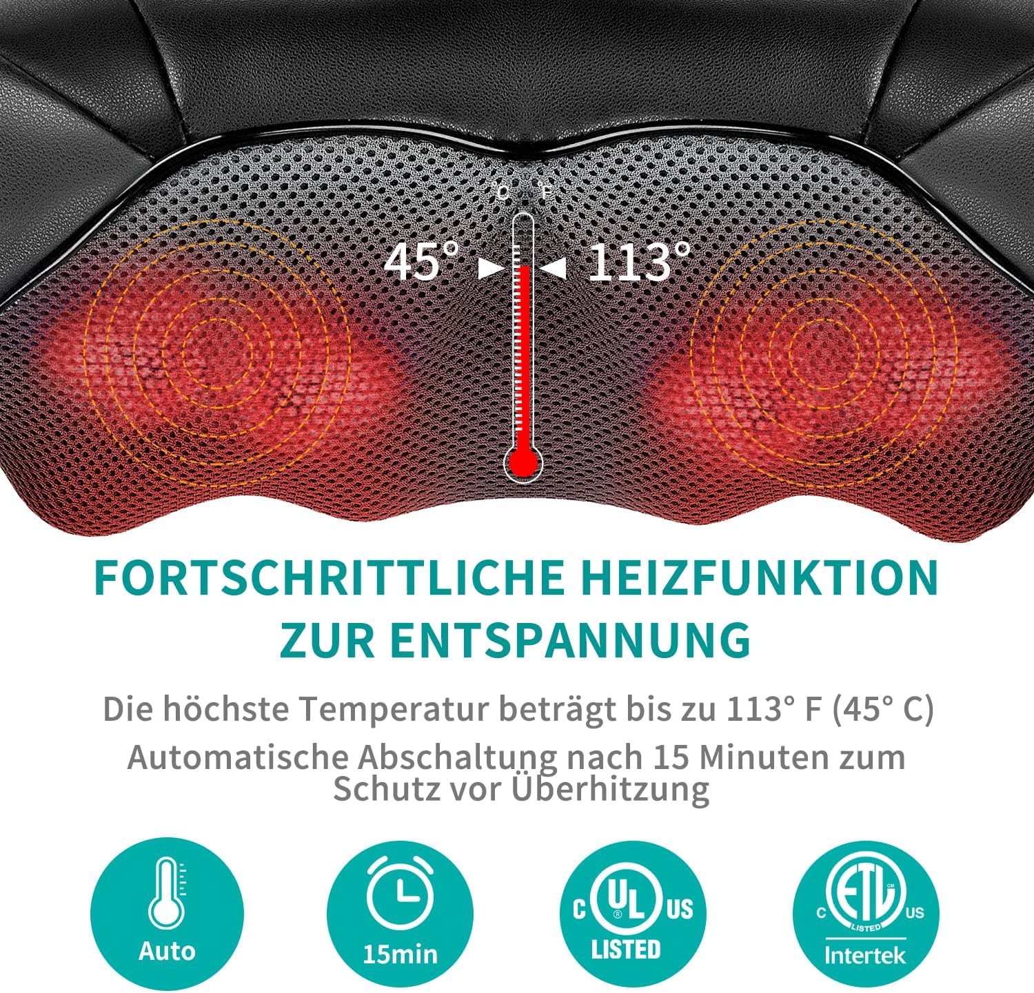 Nekt Eck-Shiatsu-Tiefknet-Massagekissen mit Wärme, Auto-Bürostuhl, Nacken-, Schulter-, Rücken-, Taillenmassagekissen (Geschwindigkeitskontrolle, bidirektionale Steuerung) – Schwarz – Bild 4
