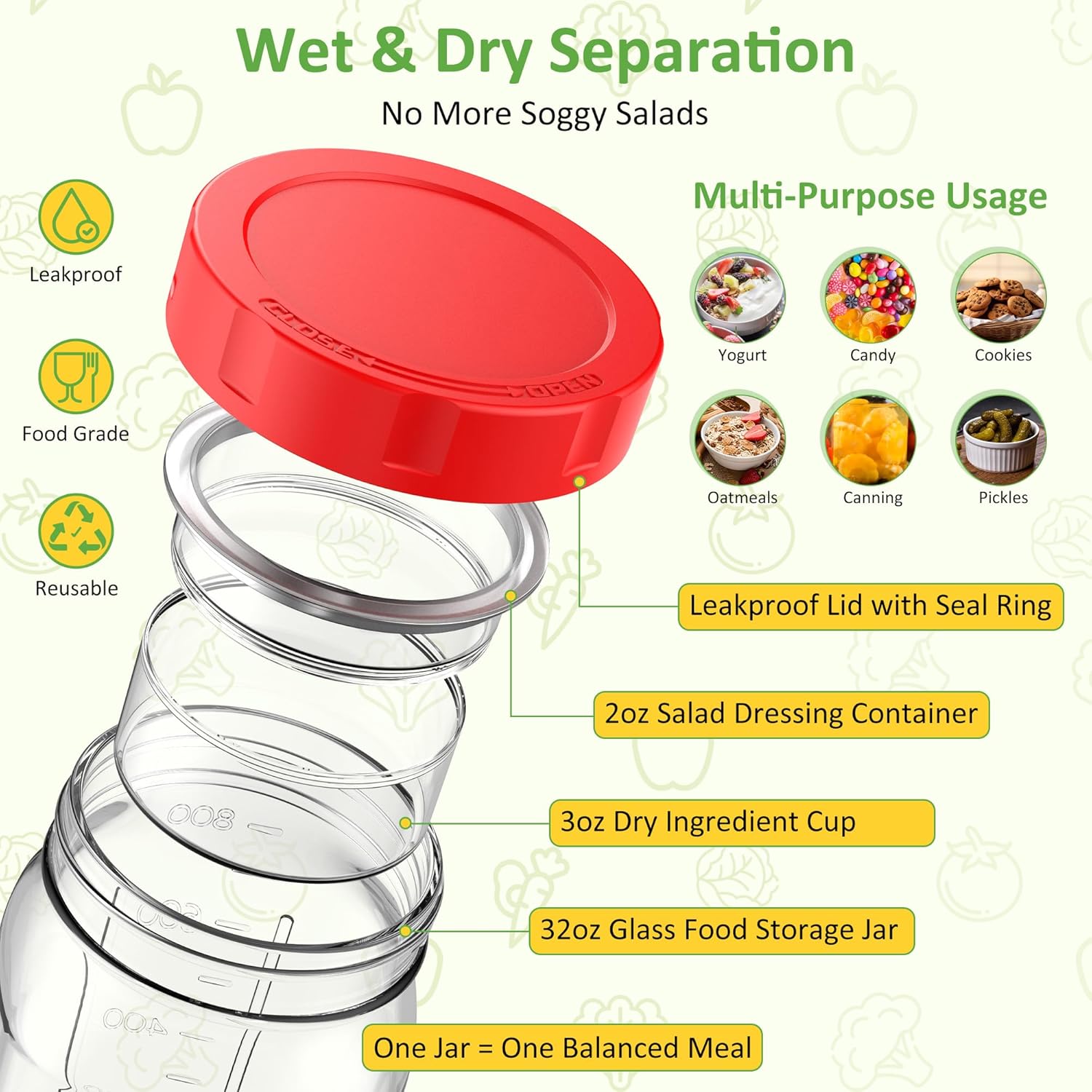 Meal-Prep-Gläser mit Deckel-Set, 4 x 950 ml Einmachgläser, auslaufsicherer/vertikal geschichteter Meal-Prep-Behälter, ideal zum Mitnehmen, Salate, Marmelade, Overnight Oats und Fertiggerichte, breit – Bild 3