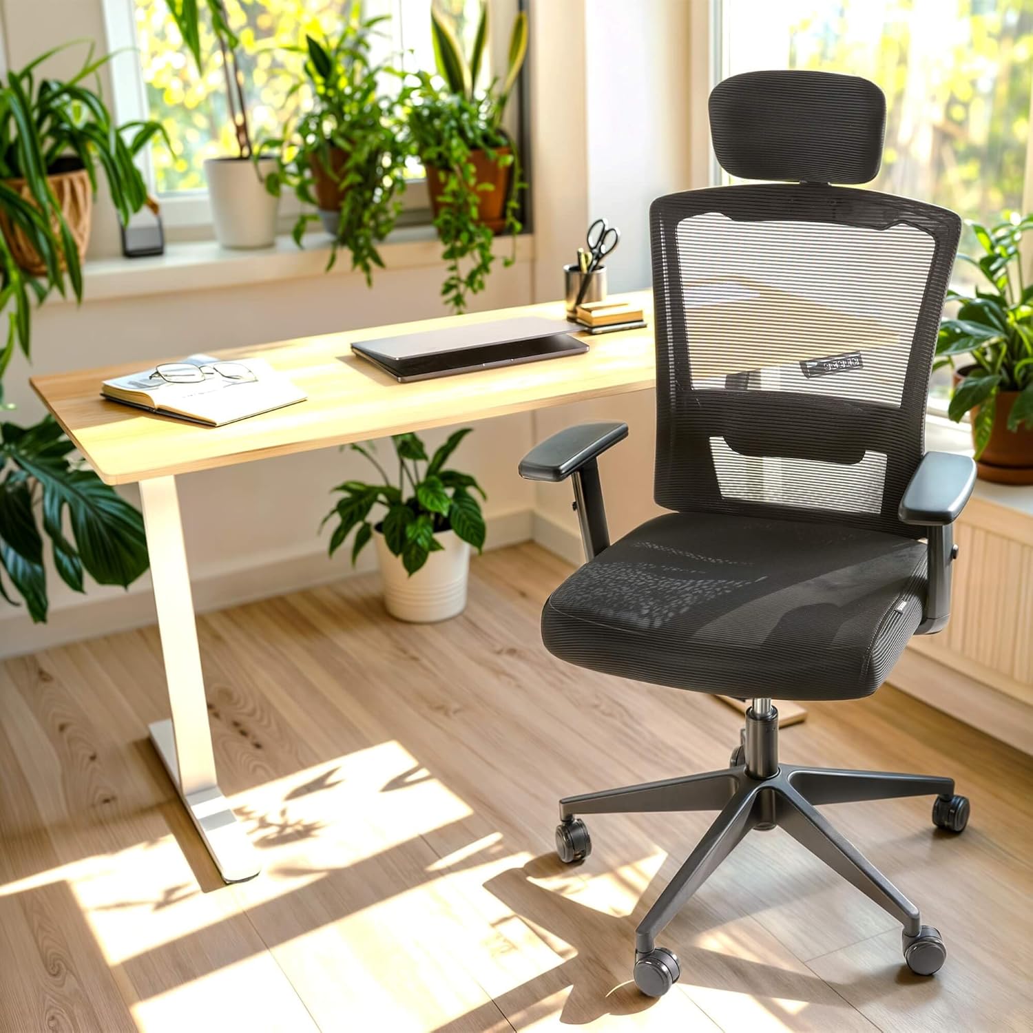 Arebos Ergonomischer Bürostuhl, Schreibtischstuhl mit verstellbarer Kopfstütze, Armlehnen, Lordosenstütze, Drehstuhl, Wippfunktion, Netz-Chefsessel, rückenschonend, Bürostuhl 136 kg – Bild 2