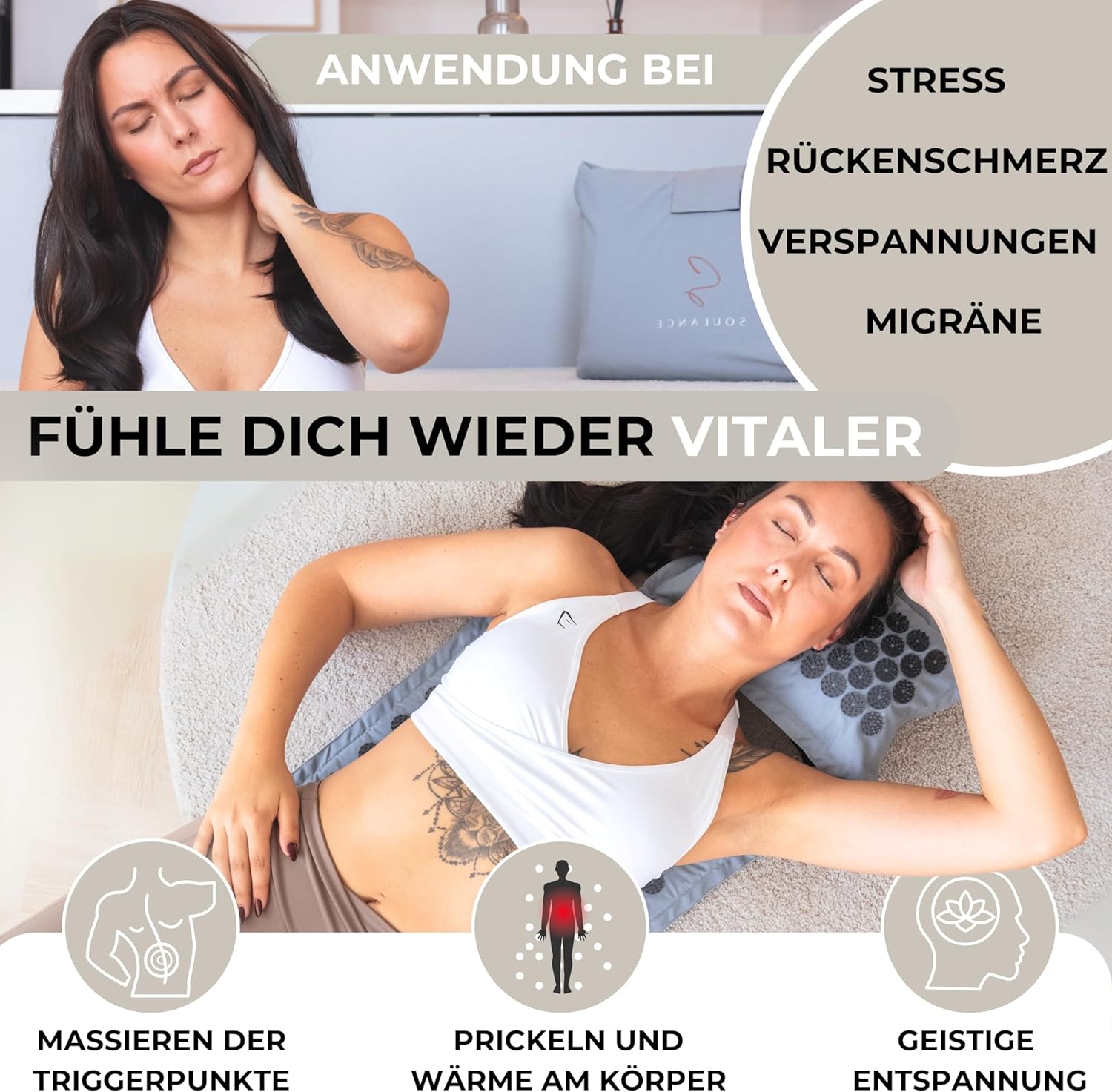 Akupressurmatte mit Kissen 6-in-1 Premium-Set (inkl. Yogatuch) & Tragetasche, Kokosfaserfüllung – Massagematte, Akupunkturmatte gegen Nacken- und Rückenschmerzen (Eisgrau, XXL-Set) – Bild 3