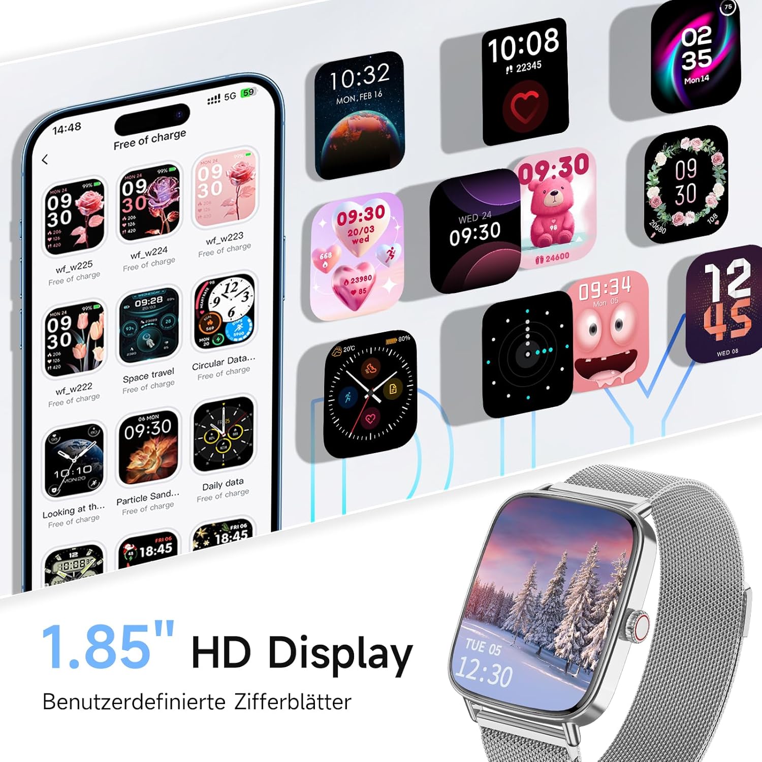 Smartwatch Herren Damen mit Telefonfunktion, 1,85 Zoll HD-Uhren mit Herzfrequenz-Schlafmonitor SpO2 Schrittzähler, 110+ Sportmodi Fitnessuhr, IP68 wasserdichte Smartwatch kompatibel mit iOS/Samsung/Android – Bild 7