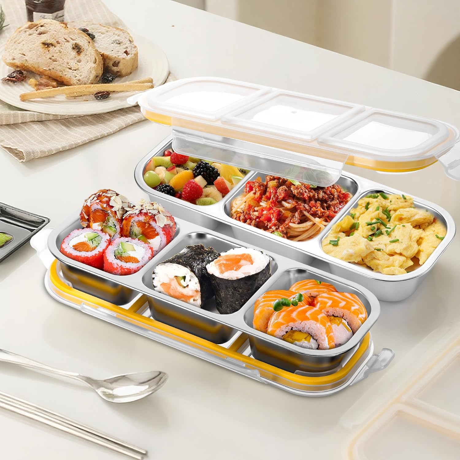 Fentar 2 Stück Snackboxen mit Fächern, Edelstahl, auslaufsichere Snackbox mit Fächern, spülmaschinenfest, Lunchbox, Kinder-Meal-Prep-Boxen, Bento-Box, Edelstahl-Snackboxen mit Deckel für Schule, Arbeit, Camping – Bild 4