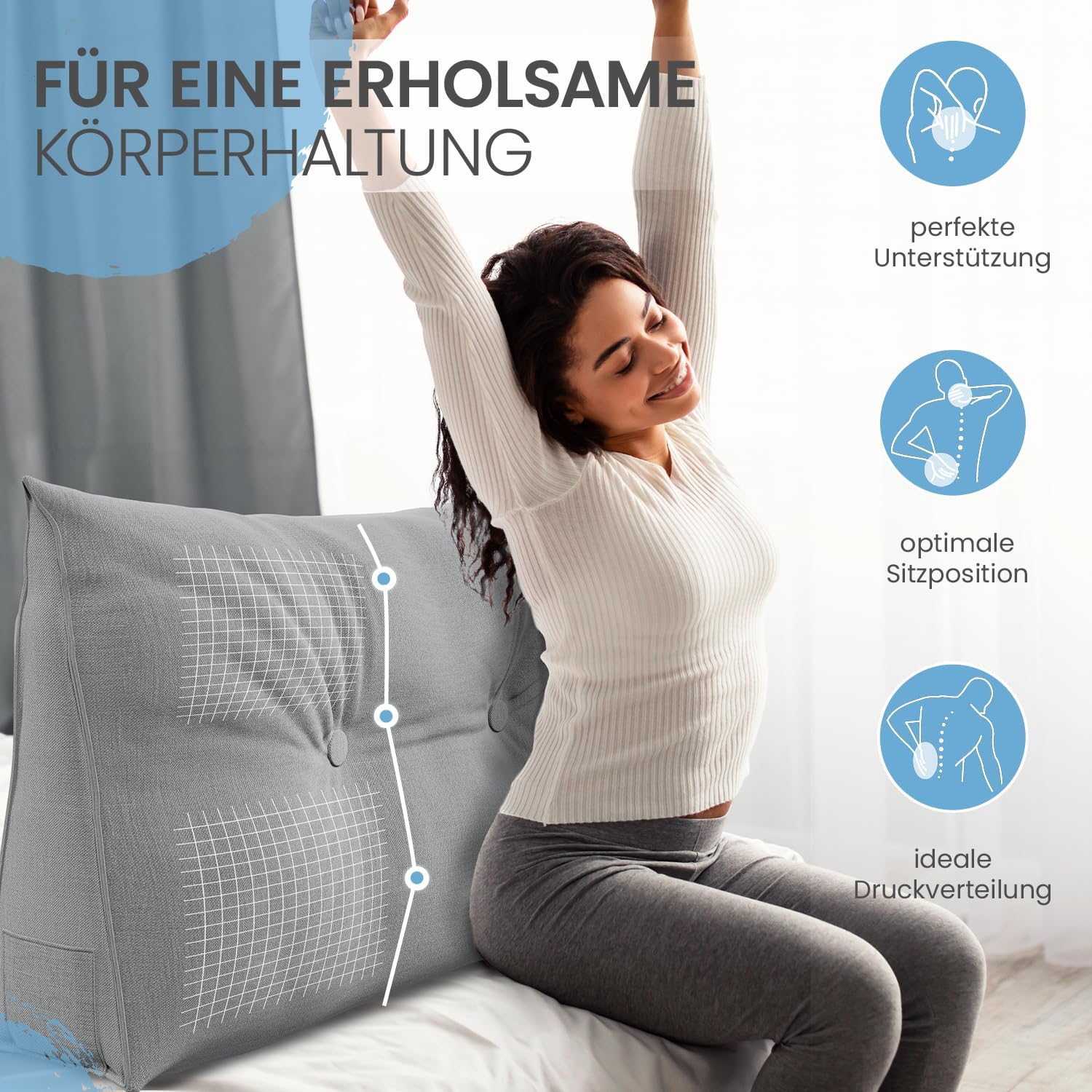 ELONEO Rückenkissen, 70 cm breit, Keilkissen, für Bett und Sofa, dreieckig, Lesekissen, abnehmbarer und waschbarer Bezug, praktische Seitentasche – Bild 2