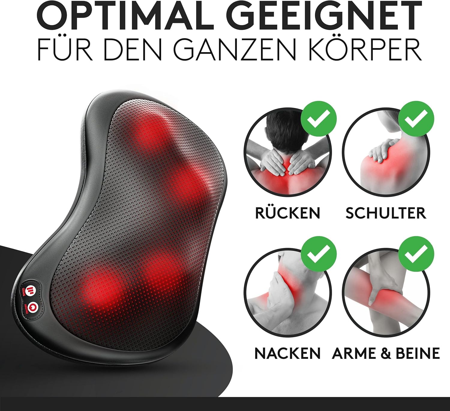 Wellax – Massagekissen mit Wärmefunktion und 360°-Drehung – Shiatsu-Nackenmassagegerät mit 3 Geschwindigkeiten für Schultern und Rücken – inklusive Verlängerungsgurt – Nackenmassagegerät, Schwarz – Bild 5