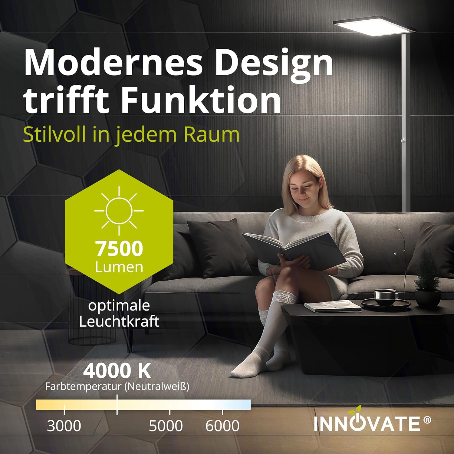 INNOVATE LED Stehlampe Büro dimmbar mit Uplighter Silber (7500 lm UGR< 19 80 W) Tageslichtlampe Schreibtisch Stehlampe dimmbar I Stehleuchte LED Home Office Schreibtische & Arbeitsplätze Stehlampen – Bild 2