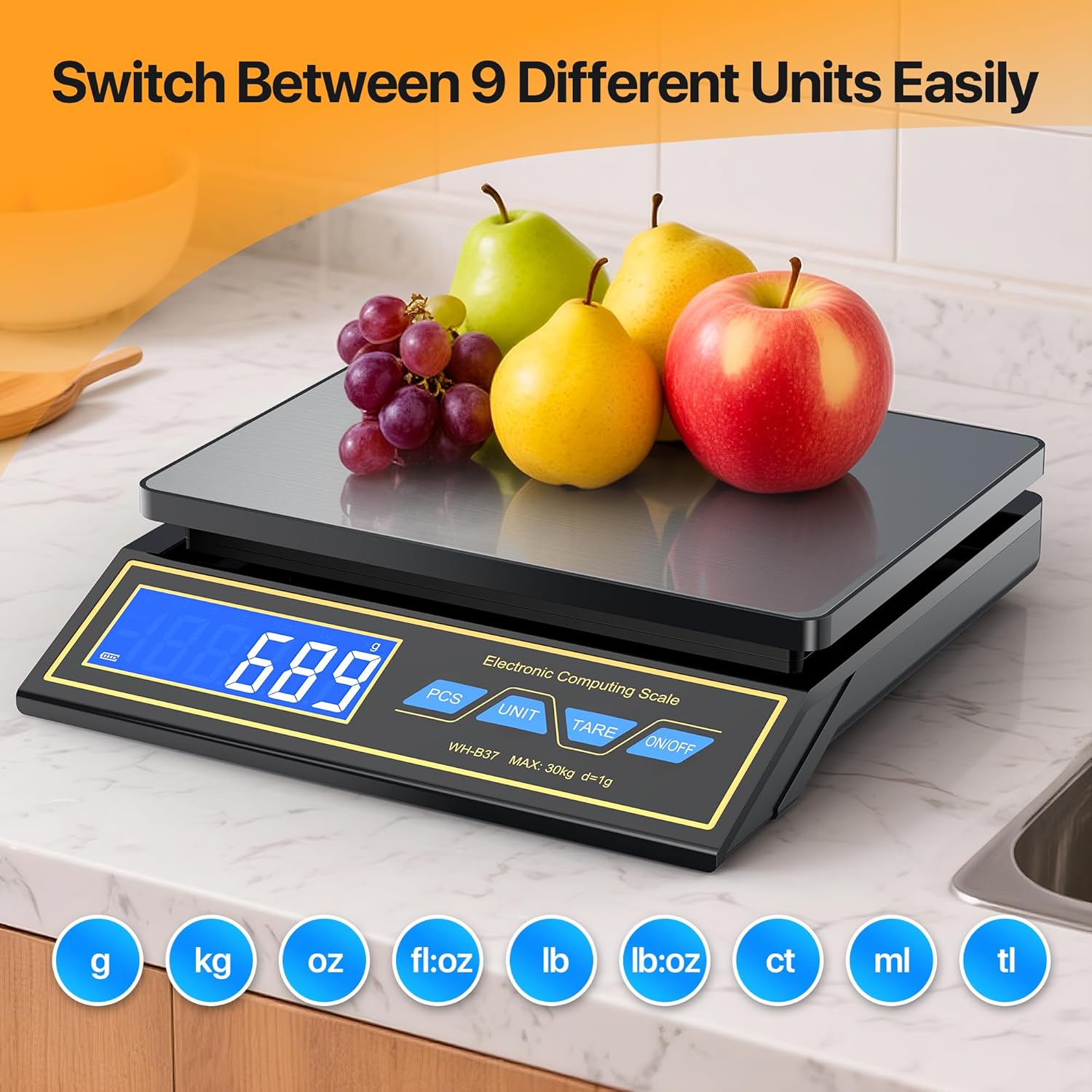 Küchenwaage 30 kg, Digitalwaage aus Edelstahl, Paketwaage, Präzisionswaage, 1 g für Gastronomie, Abmessen von Fleisch, Wurst, Kaffeewaage mit LCD, Stückzählung, Tarafunktion, 9 Einheiten, automatische Abschaltung, USB-C wiederaufladbar – Bild 3