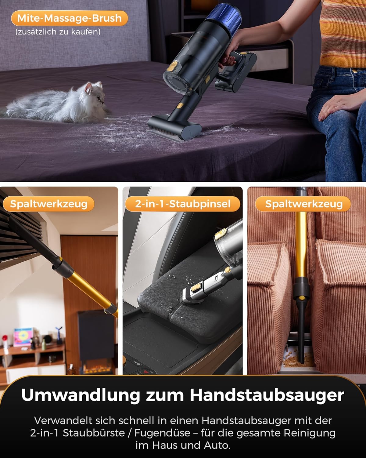 Proscenic P15+ Akku-Staubsauger, 70 Minuten, 55 KPa, 650 W, kabelloser, selbststehender Staubsauger mit Touchscreen, grünes Licht, Anti-Tangle-6-Lagen-Filter, Akku-Staubsauger für Teppiche, Tierhaare, Autos (Gelb, L) – Bild 8